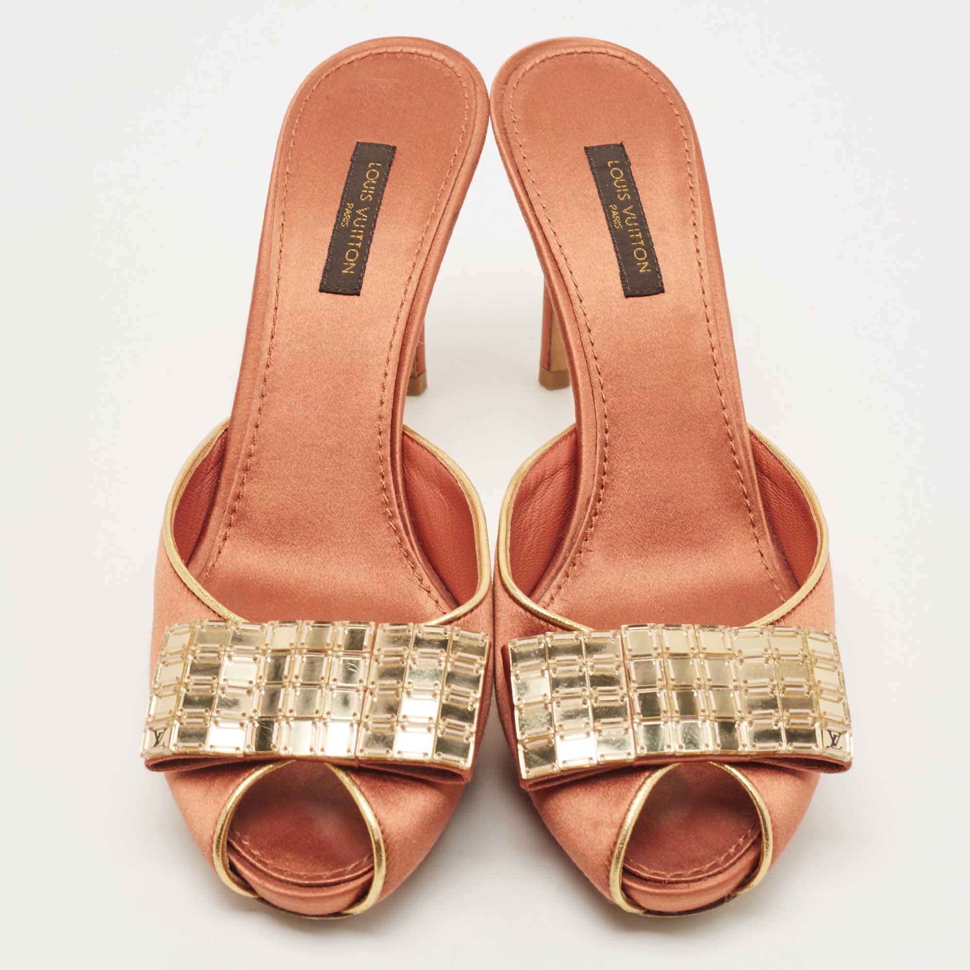 Louis Vuitton Brown Satin Embellished Peep Toe Slide Sandals Size 38