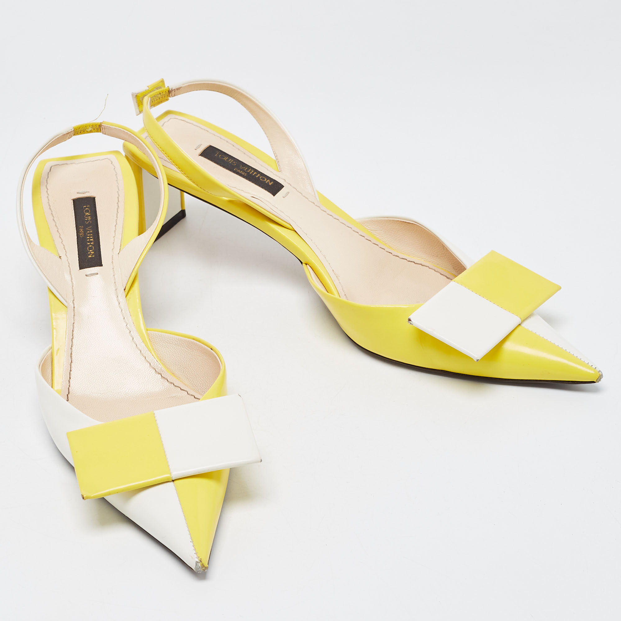 Louis Vuitton Yellow/White Leather Bow Slingback Pumps Size 37