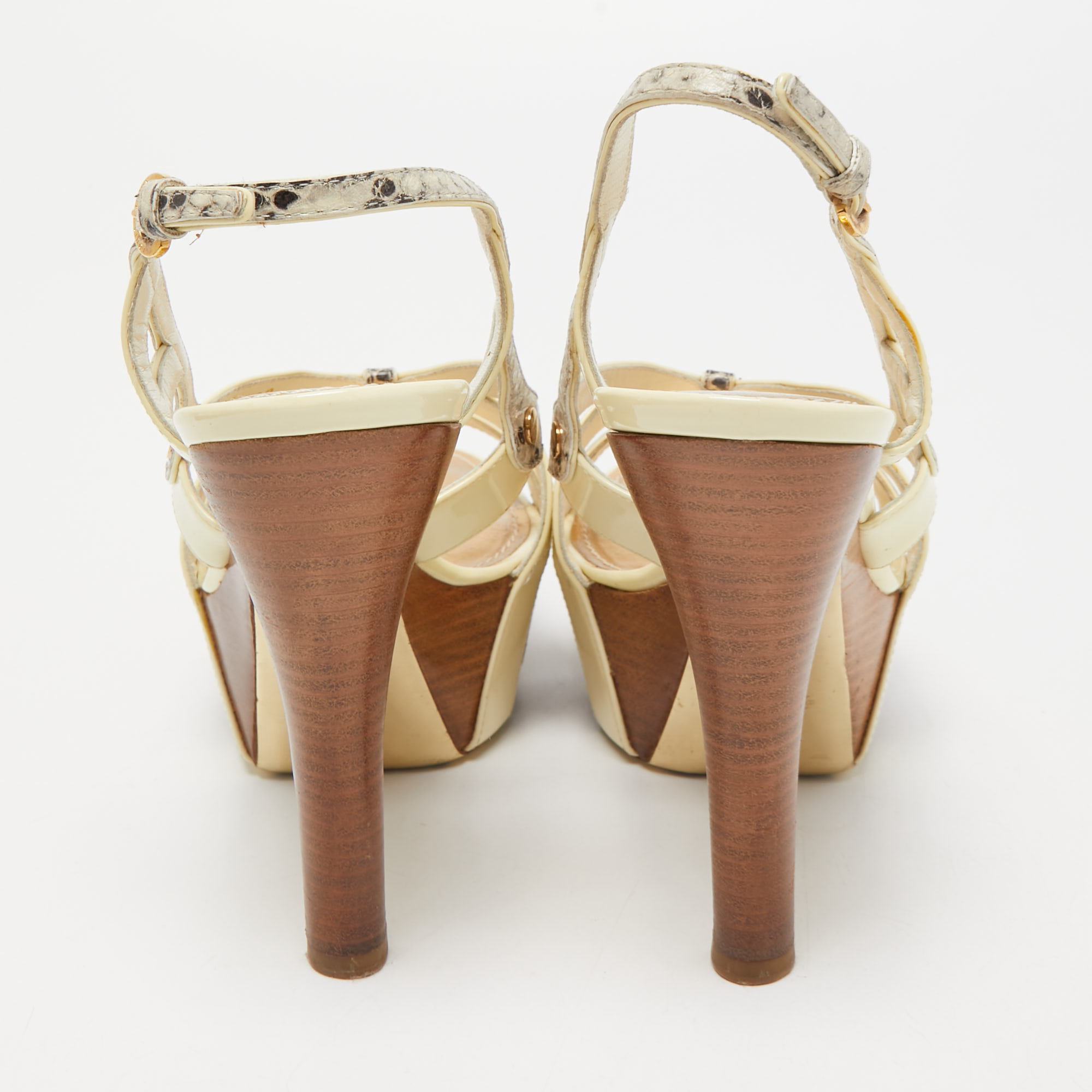 Louis Vuitton Cream Patent Python Embossed Leather Slingback Sandals Size 38