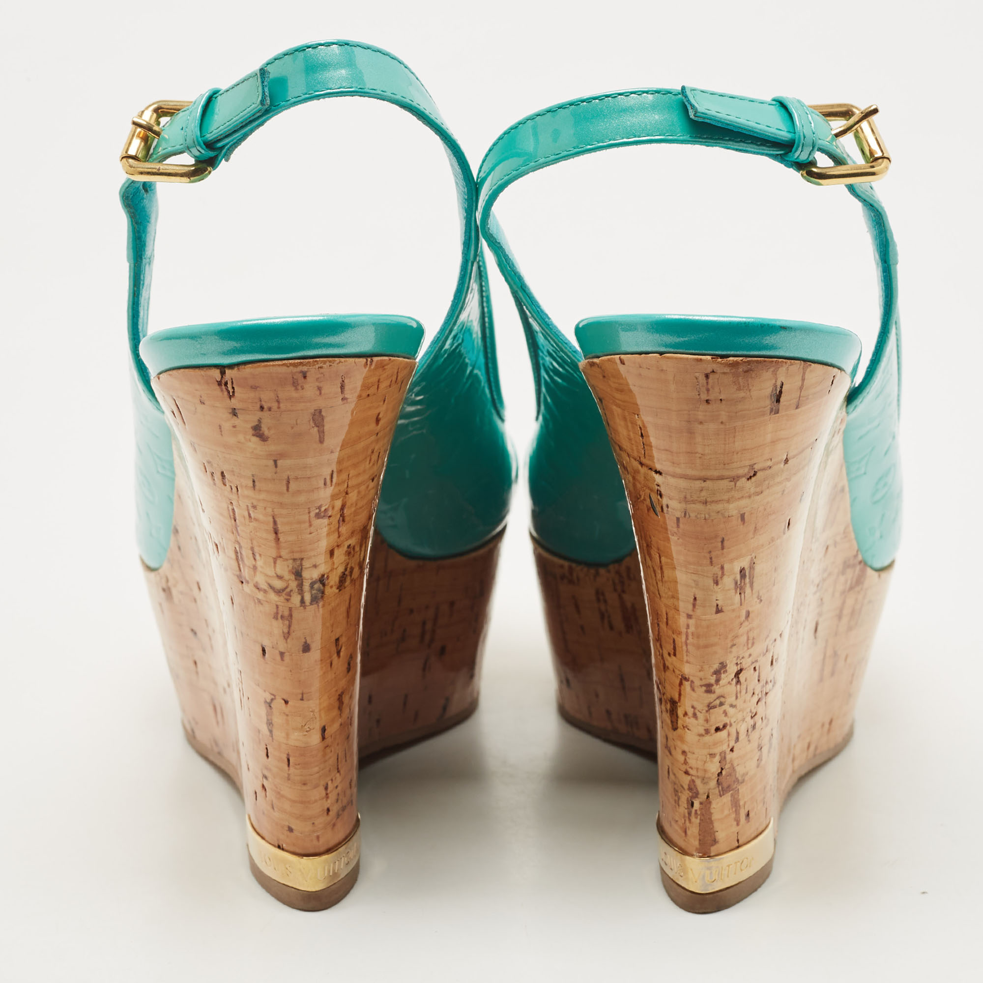 Louis Vuitton Turquoise Monogram Embossed Patent Leather Cork Wedge Slingback Sandals Size 37.5