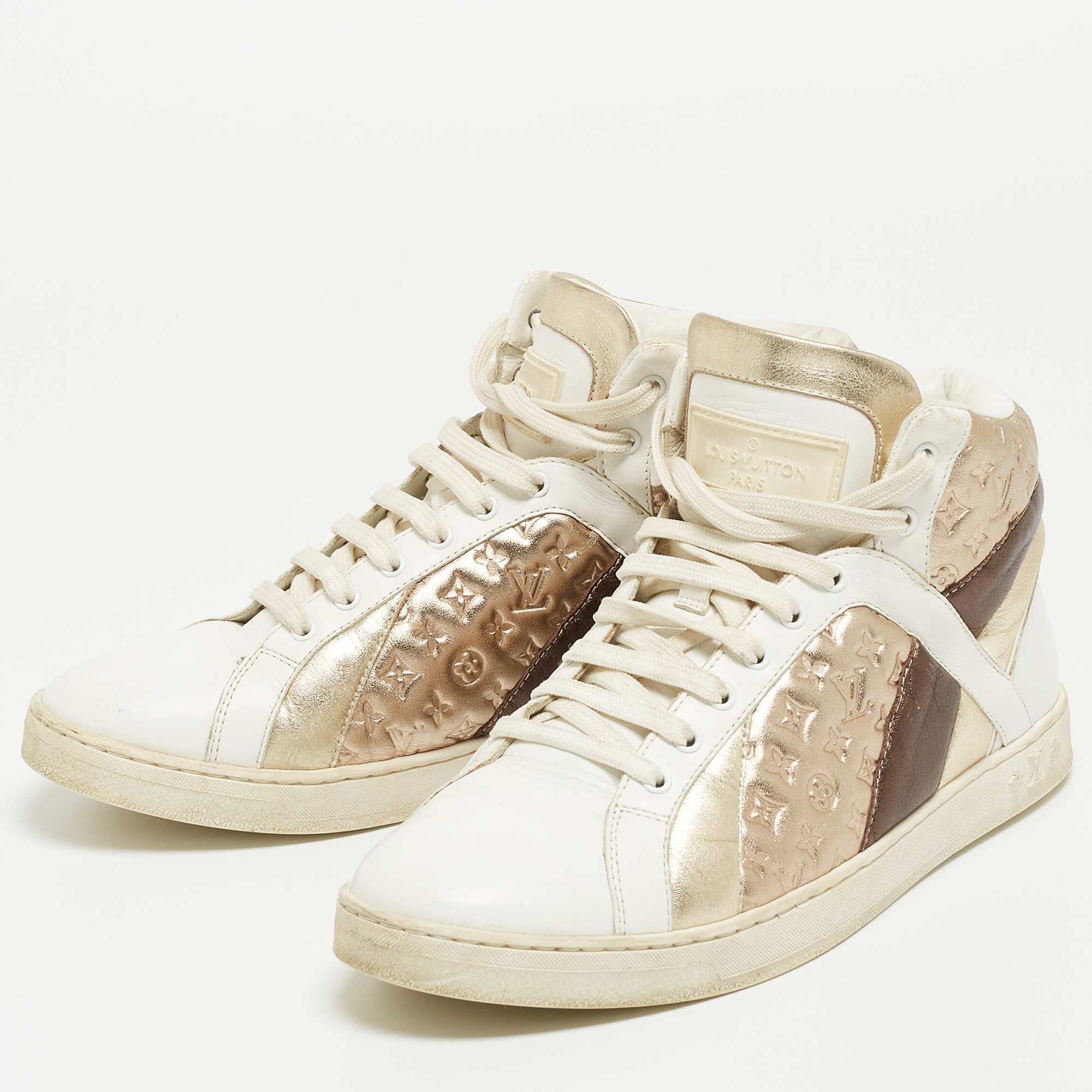 Louis Vuitton Metallic/White Leather And Canvas High Top Sneakers Size 38