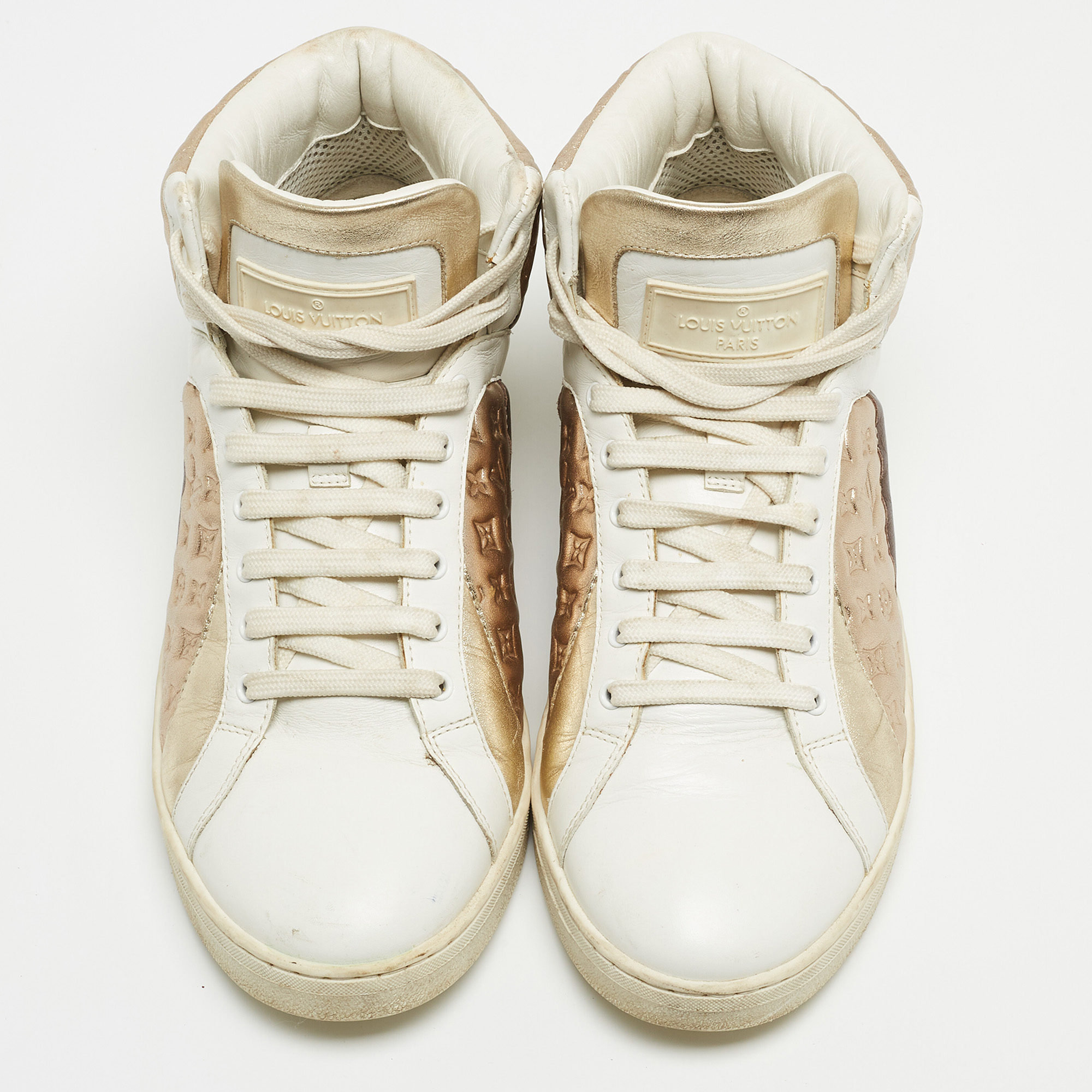 Louis Vuitton Metallic/White Leather And Canvas High Top Sneakers Size 38