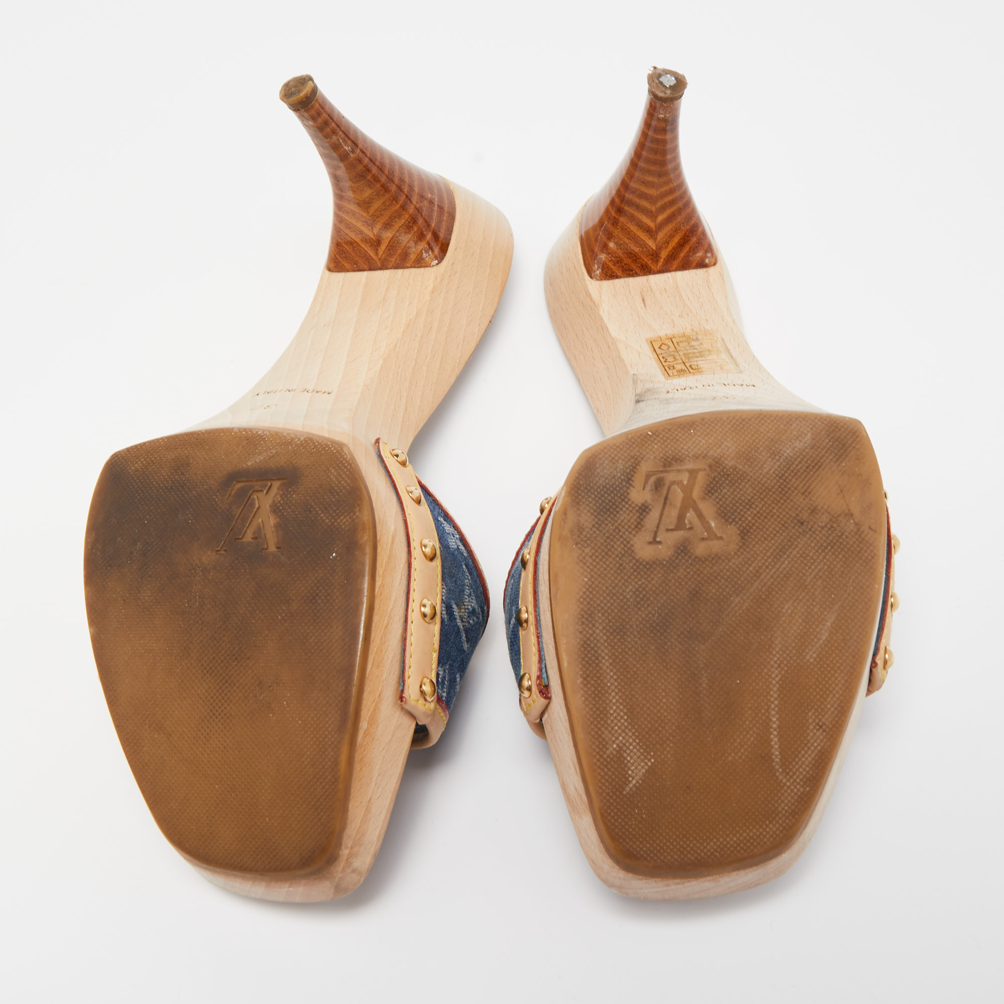 Louis Vuitton Blue/Beige Monogram Denim And Leather Bow Detail Slides Sandals Size 37