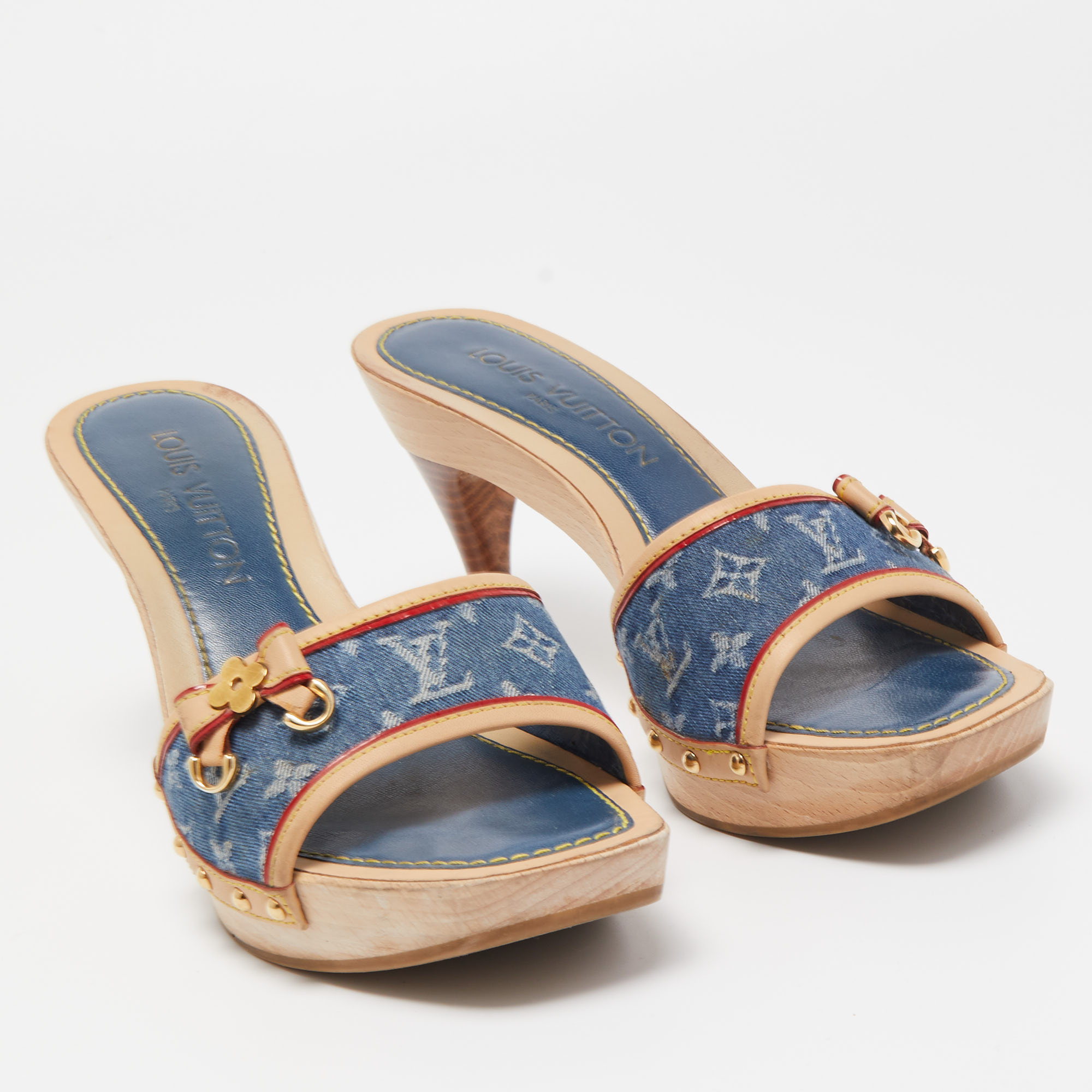 Louis Vuitton Blue/Beige Monogram Denim And Leather Bow Detail Slides Sandals Size 37