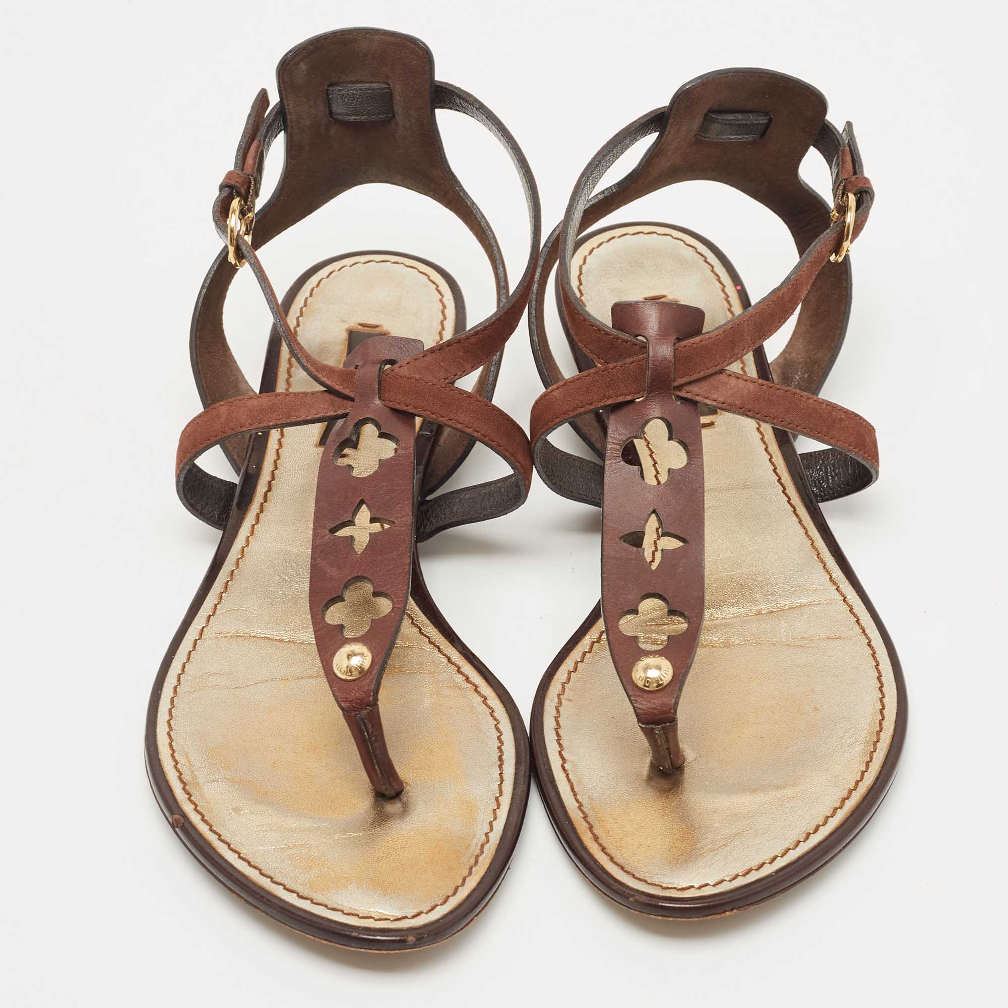 Louis Vuitton Brown Leather Ankle Strap Flat Sandals Size 37