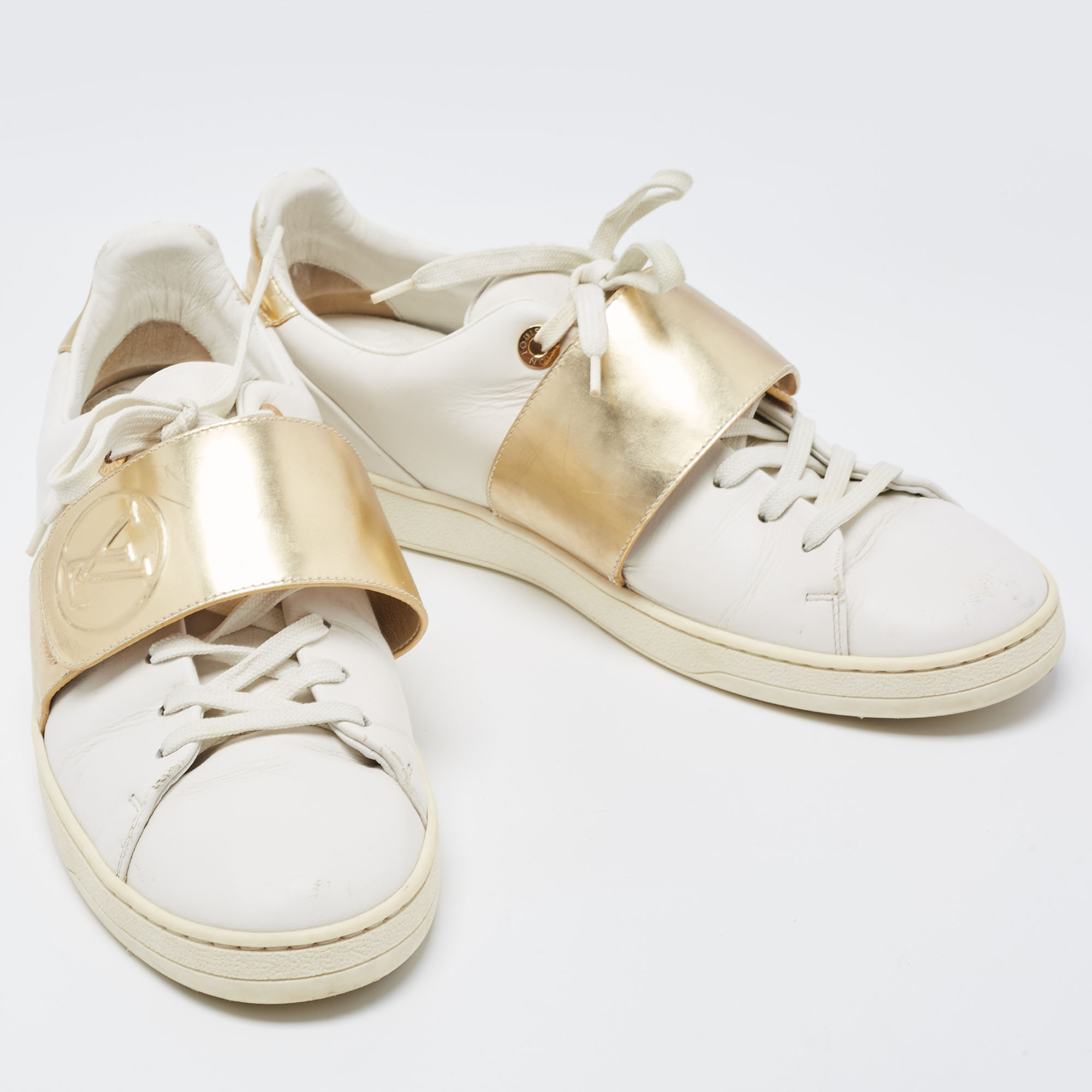 Louis Vuitton White/Gold Leather Frontrow Sneakers Size 41