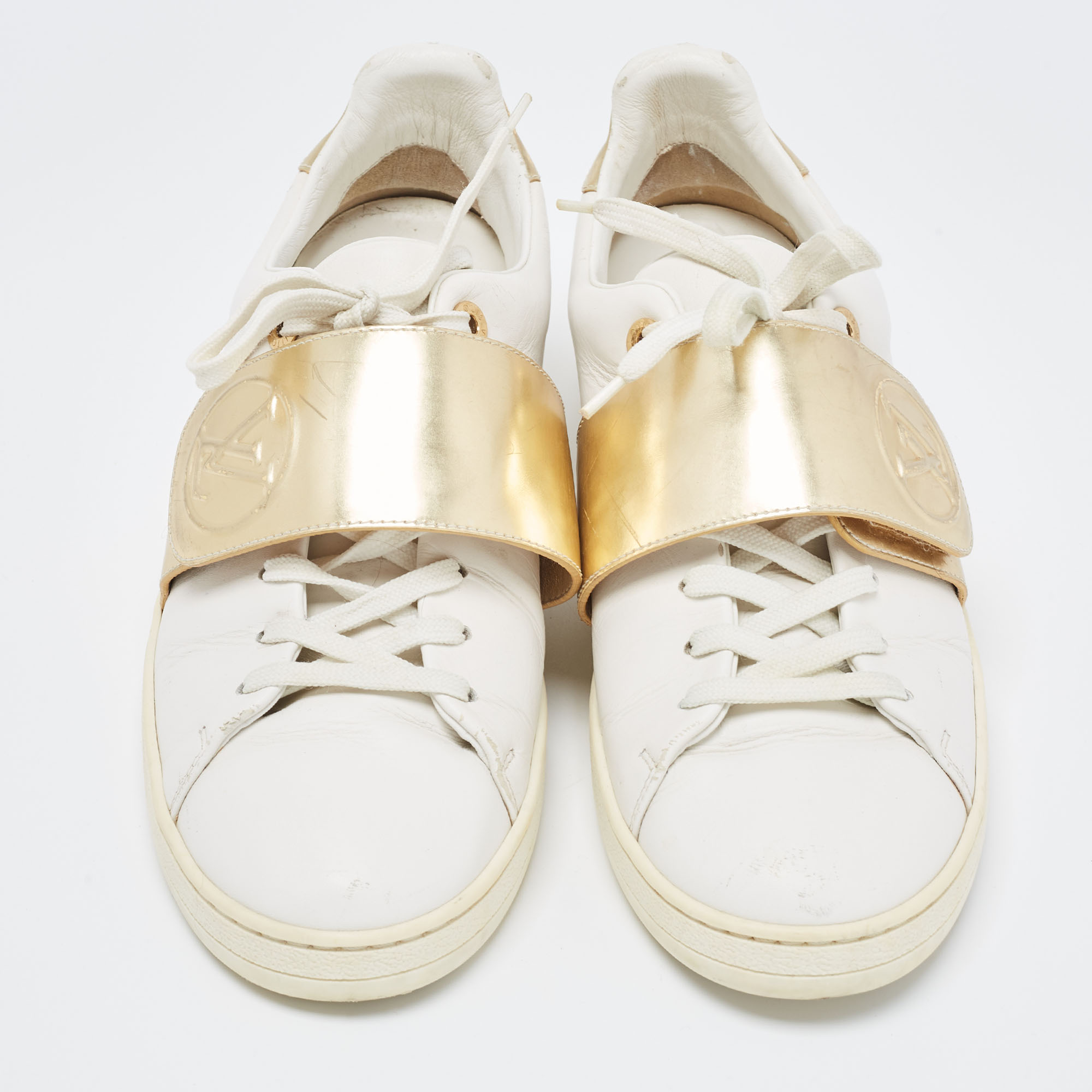 Louis Vuitton White/Gold Leather Frontrow Sneakers Size 41