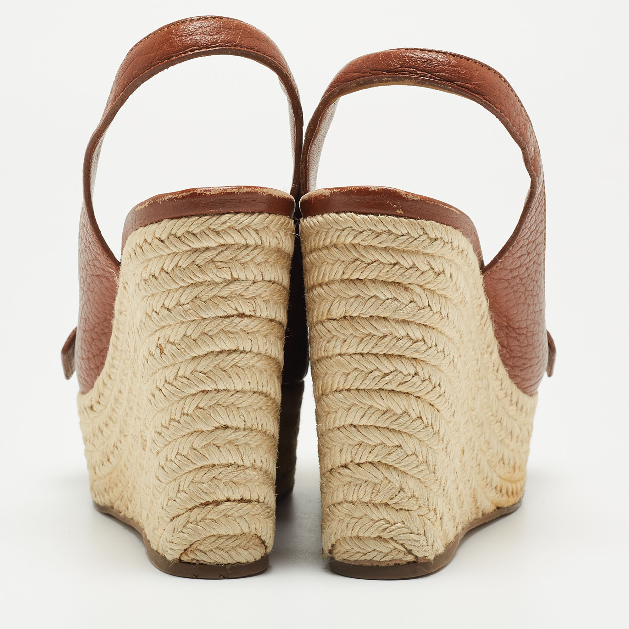 Louis Vuitton Brown Leather Wedge Platform Espadrille Slingback Sandals Size 39.5