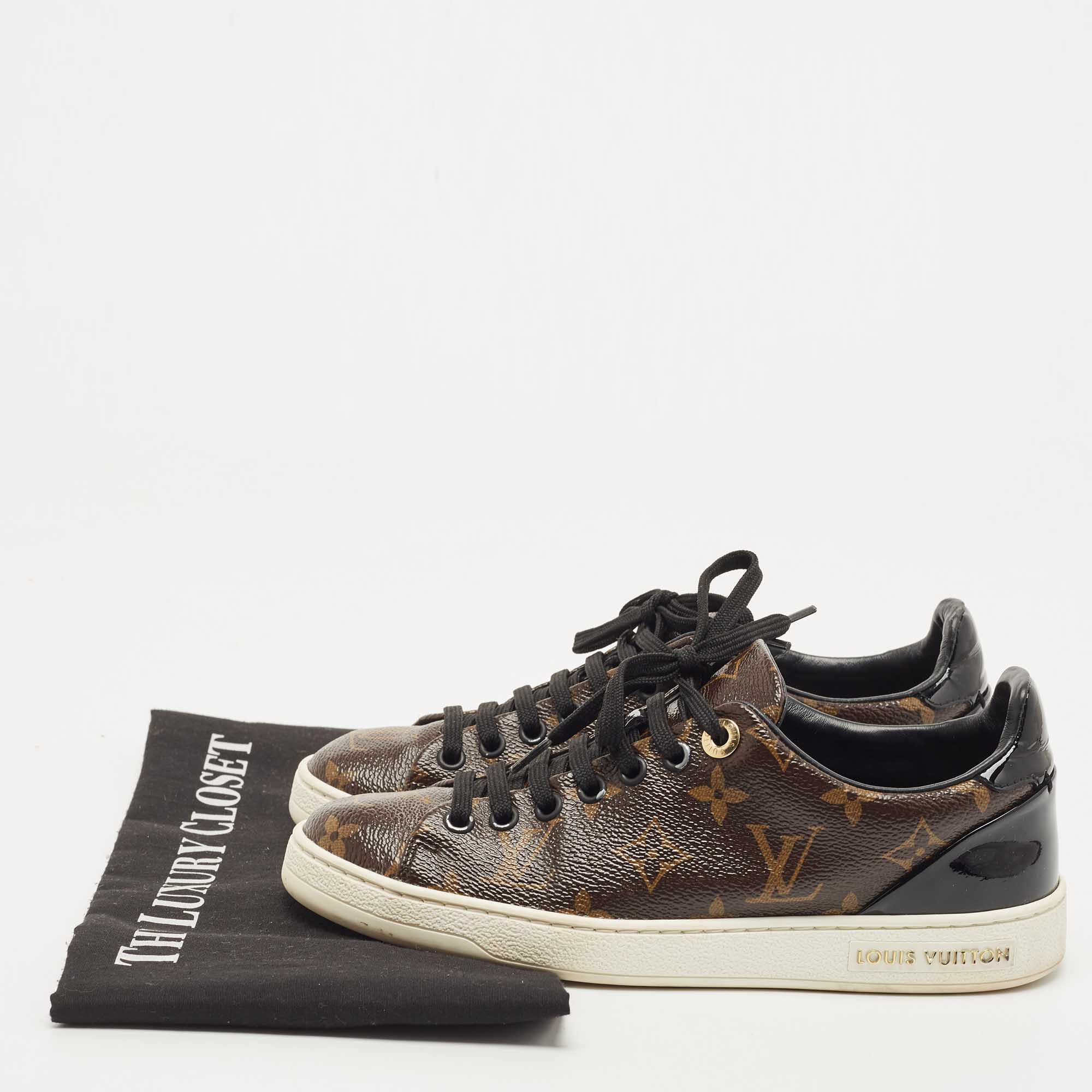 Louis Vuitton Brown/Black Monogram Canvas And Patent Leather Frontrow Sneakers Size 35