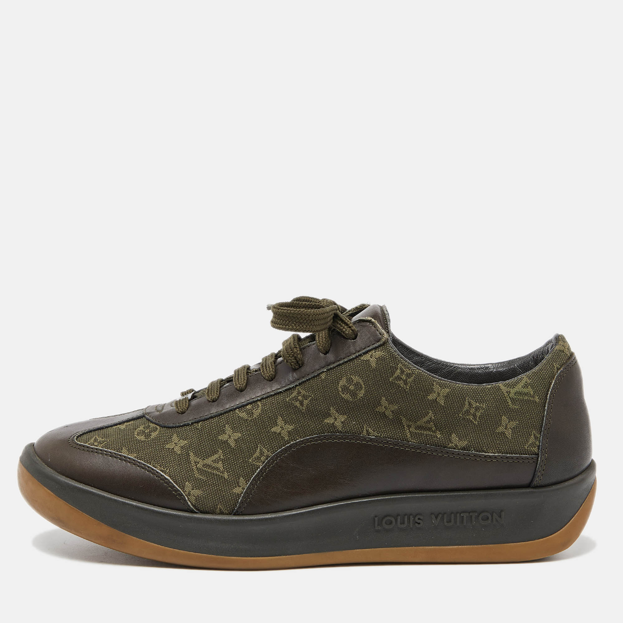 Louis vuitton army green leather and monogram canvas mini lin sneakers size 40.5