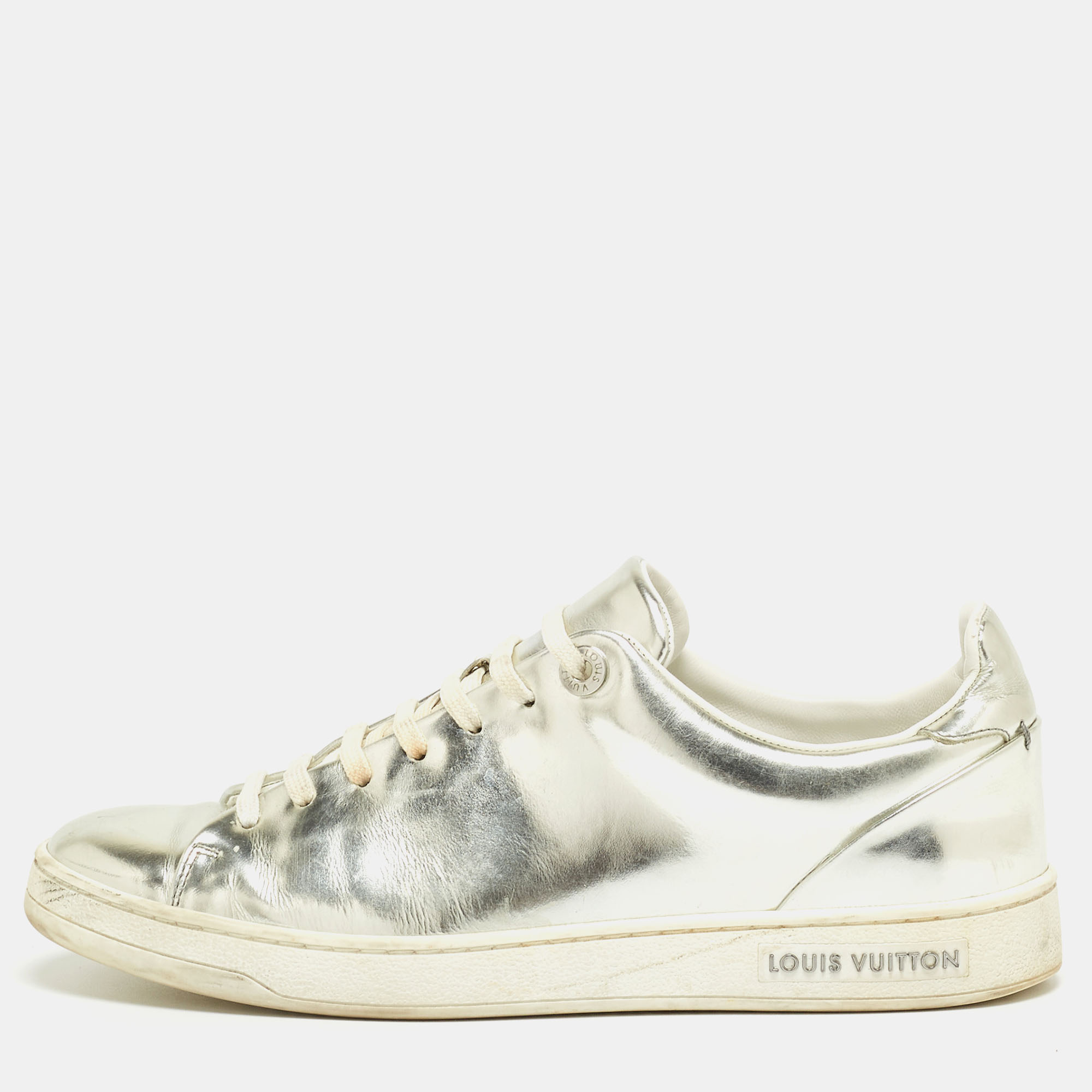 Louis vuitton silver foil leather frontrow low top sneakers size 38