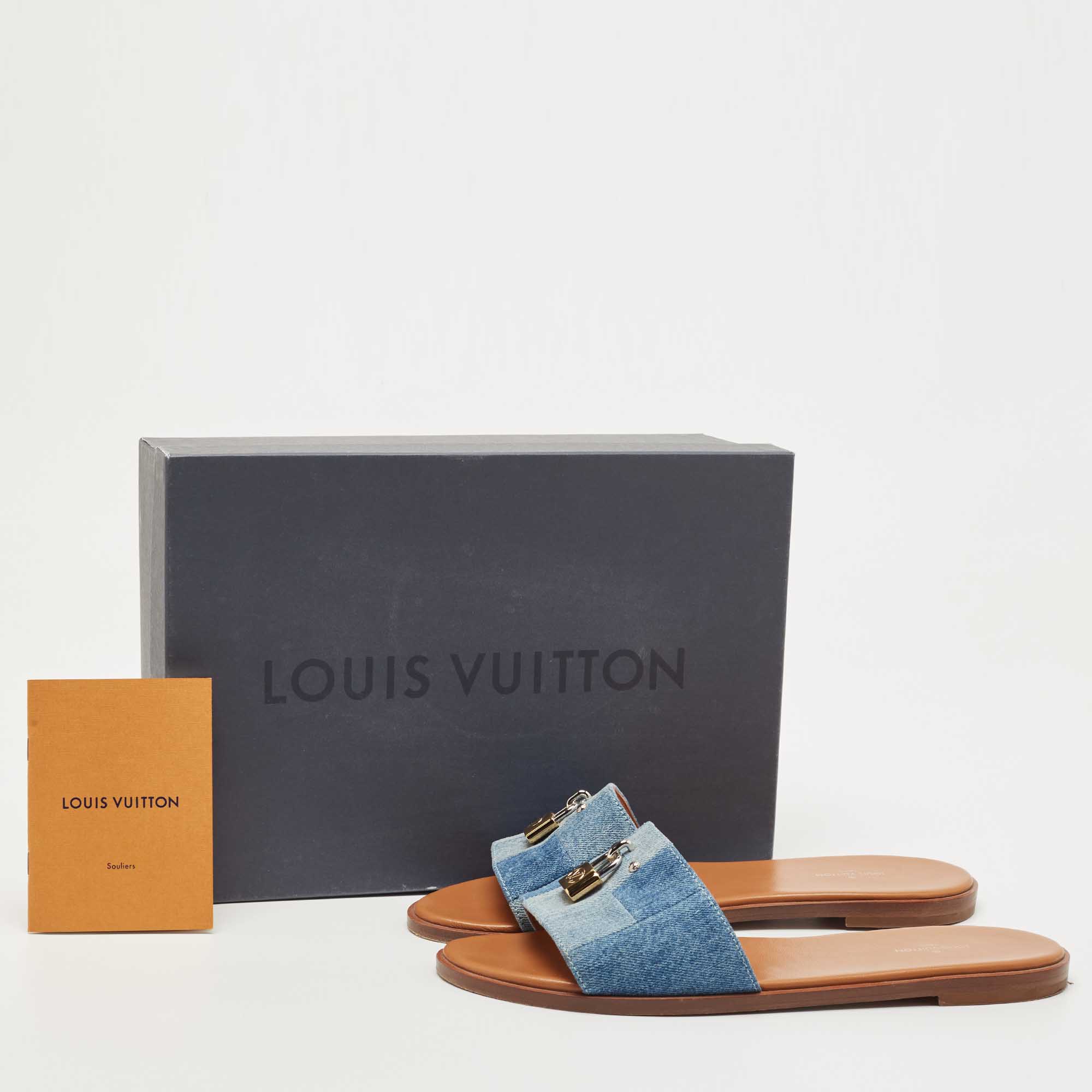 Louis Vuitton Blue Denim And Leather Lock It Slide Flats Size 40
