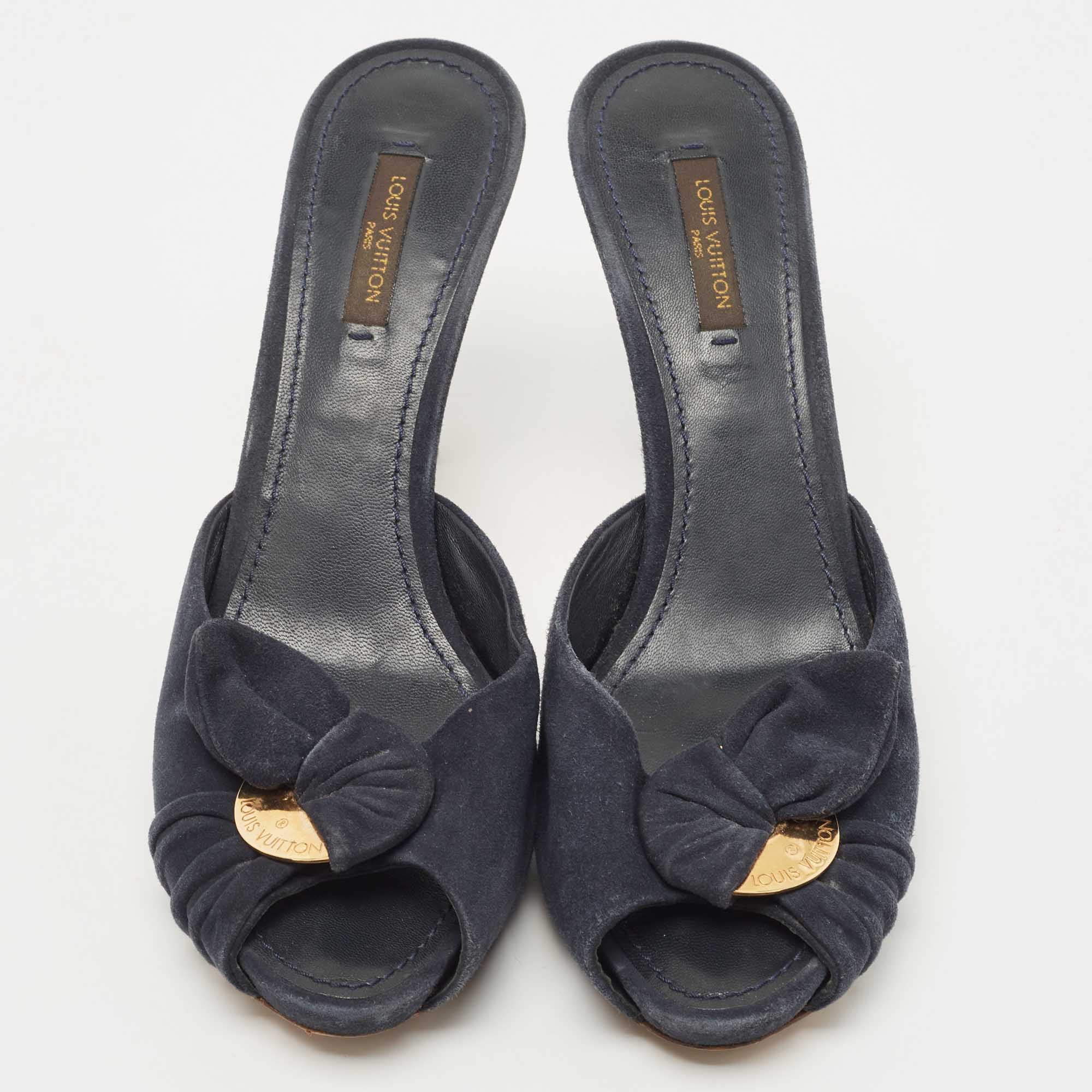 Louis Vuitton Navy Blue Suede Bow Slide Sandals Size 38