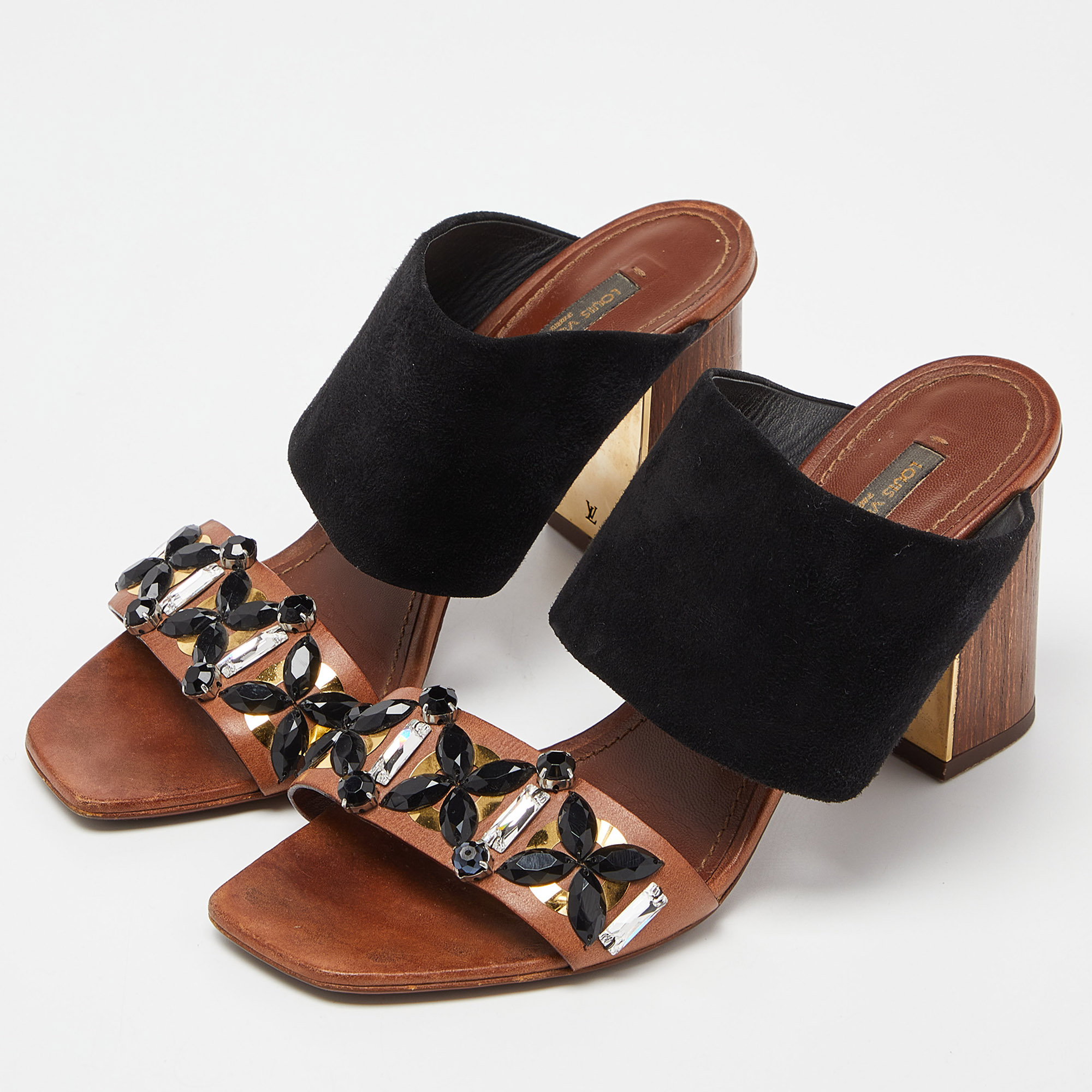 Louis Vuitton Brown Suede And Leather Embellished Slide Sandals Size 38