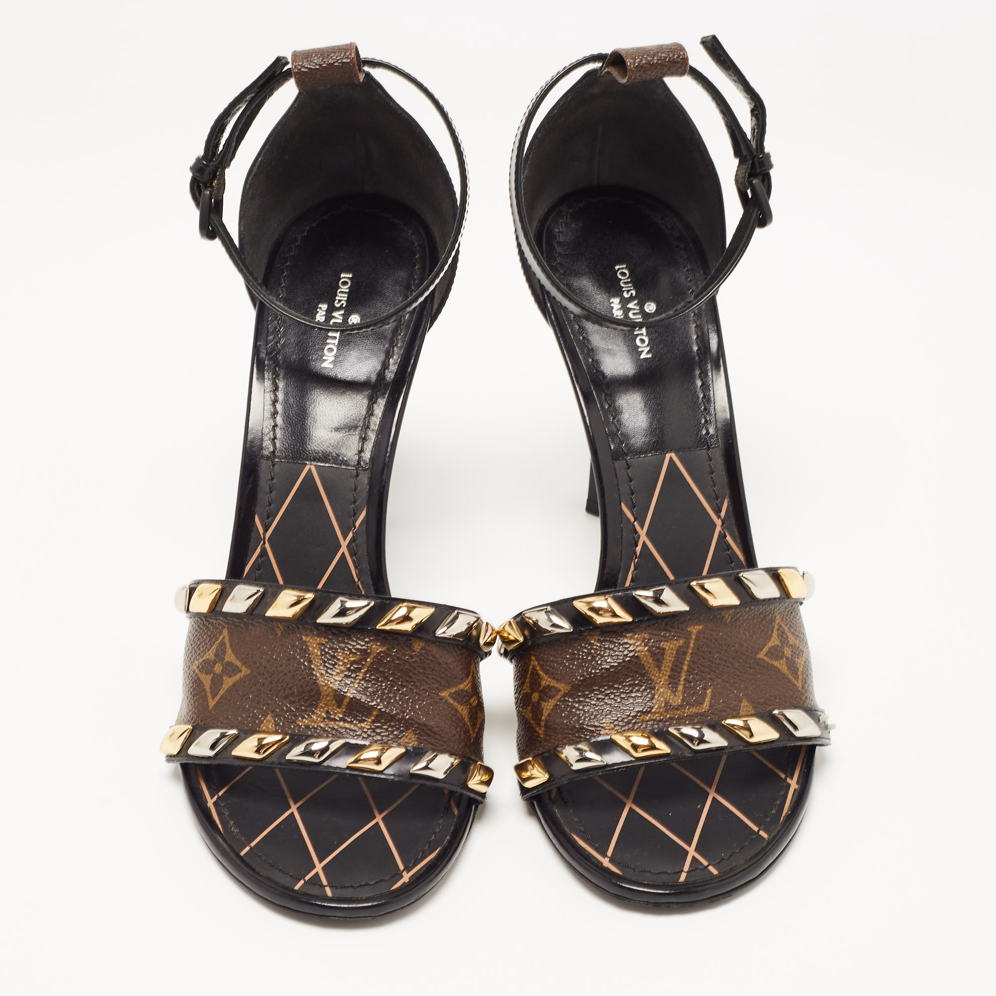 Louis Vuitton Black/Brown Monogram Coated Canvas And Leather Studded Ankle Strap Sandals Size 38
