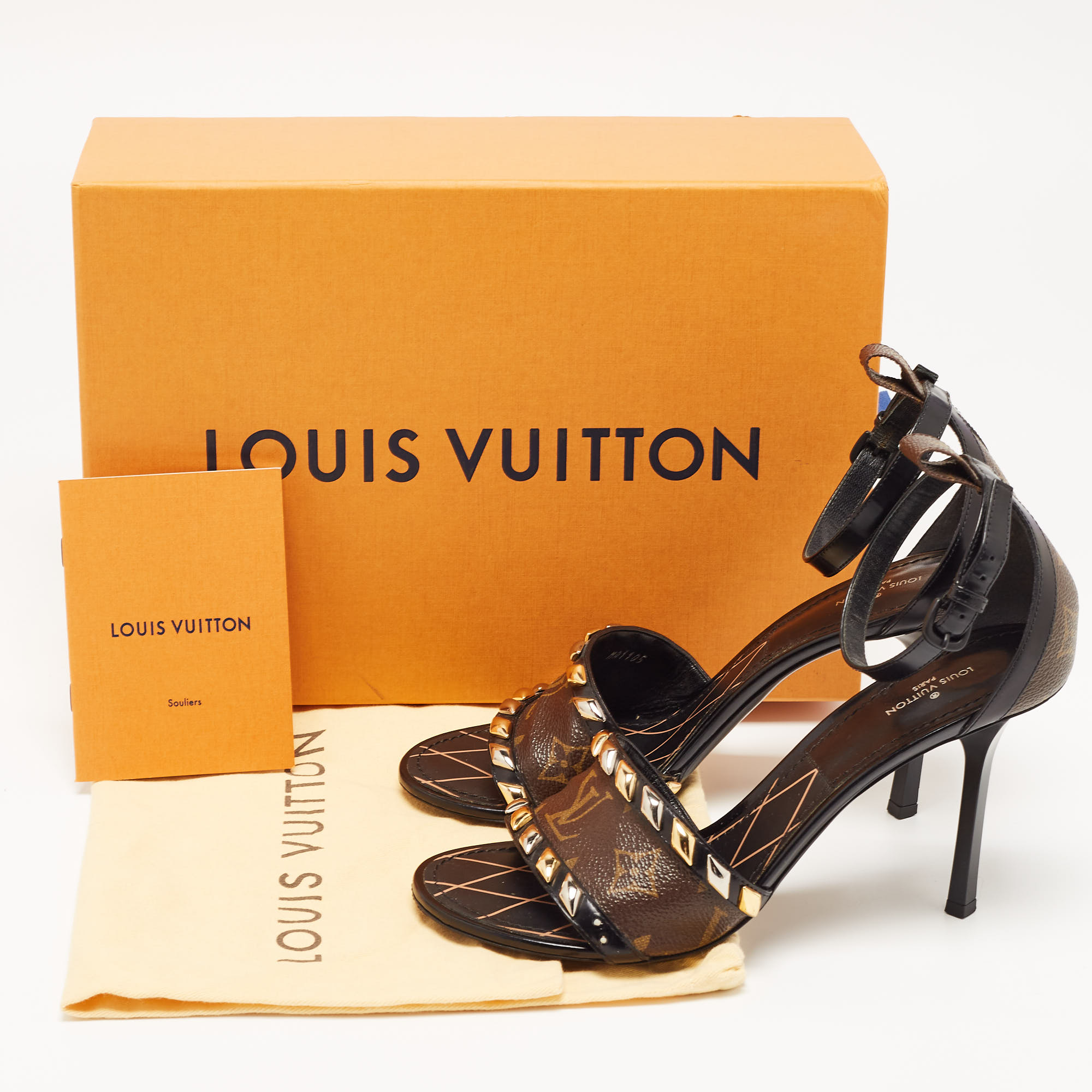 Louis Vuitton Black/Brown Monogram Coated Canvas And Leather Studded Ankle Strap Sandals Size 38
