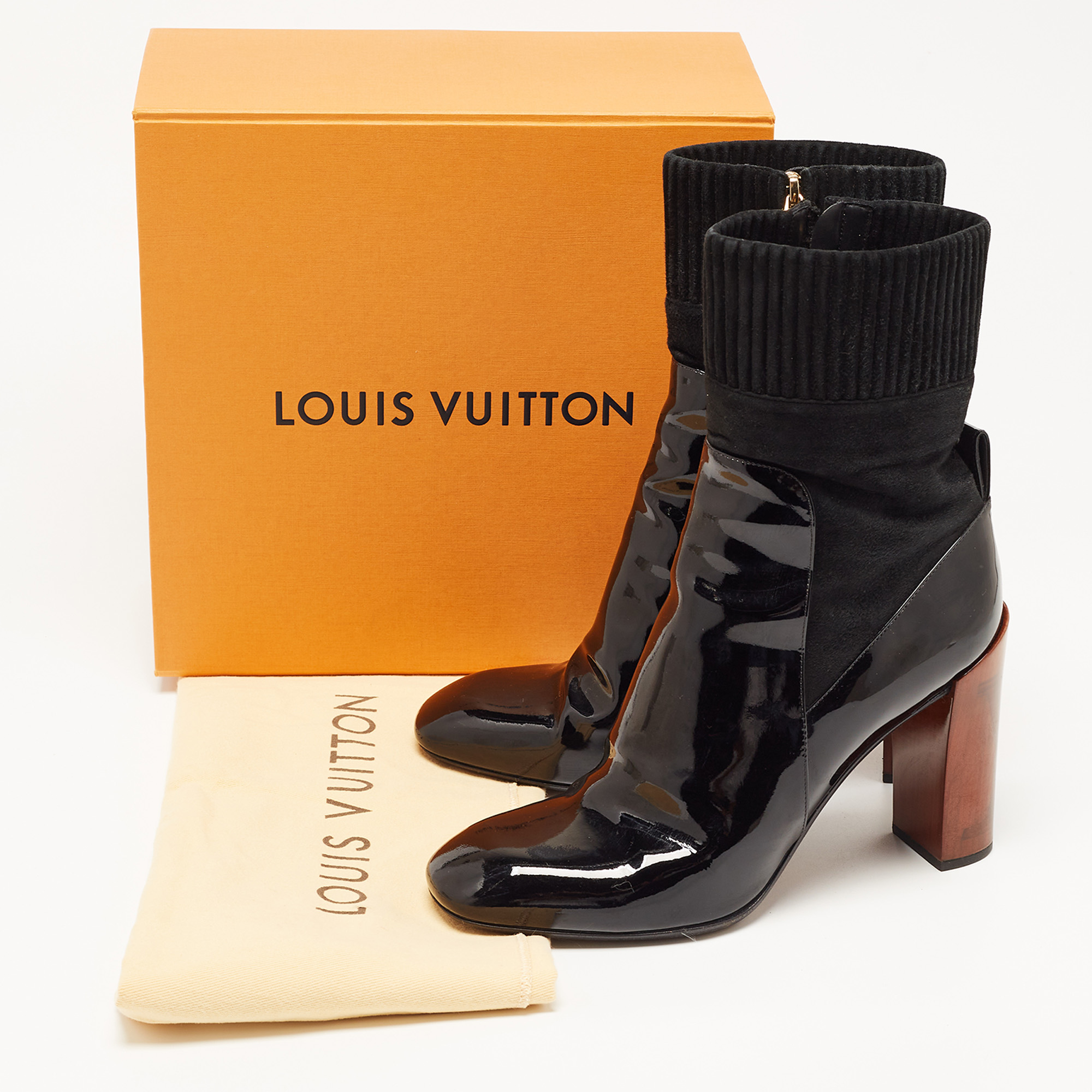 Louis Vuitton Black Patent Leather And Suede Silhouette Ankle Boots Size 38.5