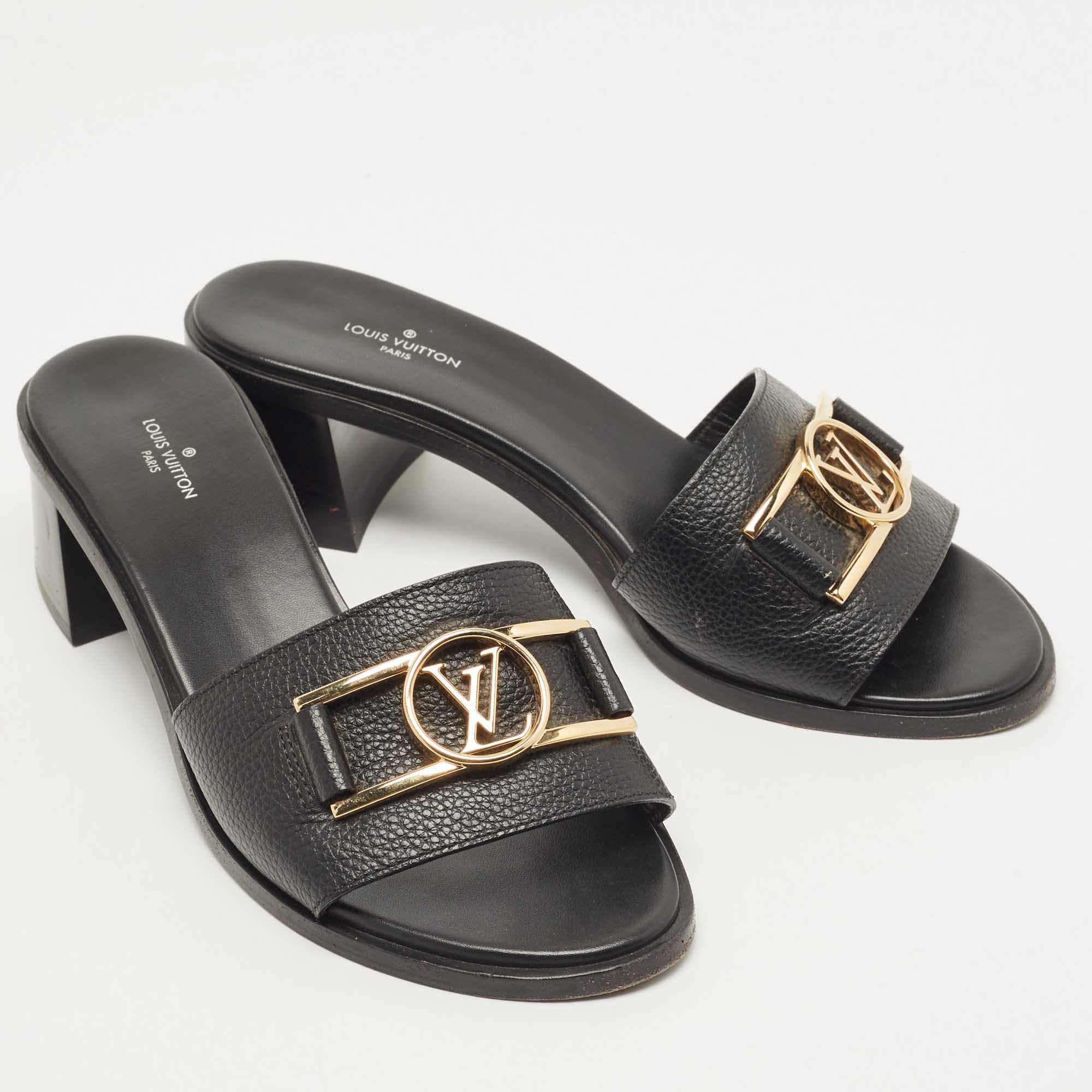 Louis Vuitton Black Leather Lock It Slide Sandals Size 38
