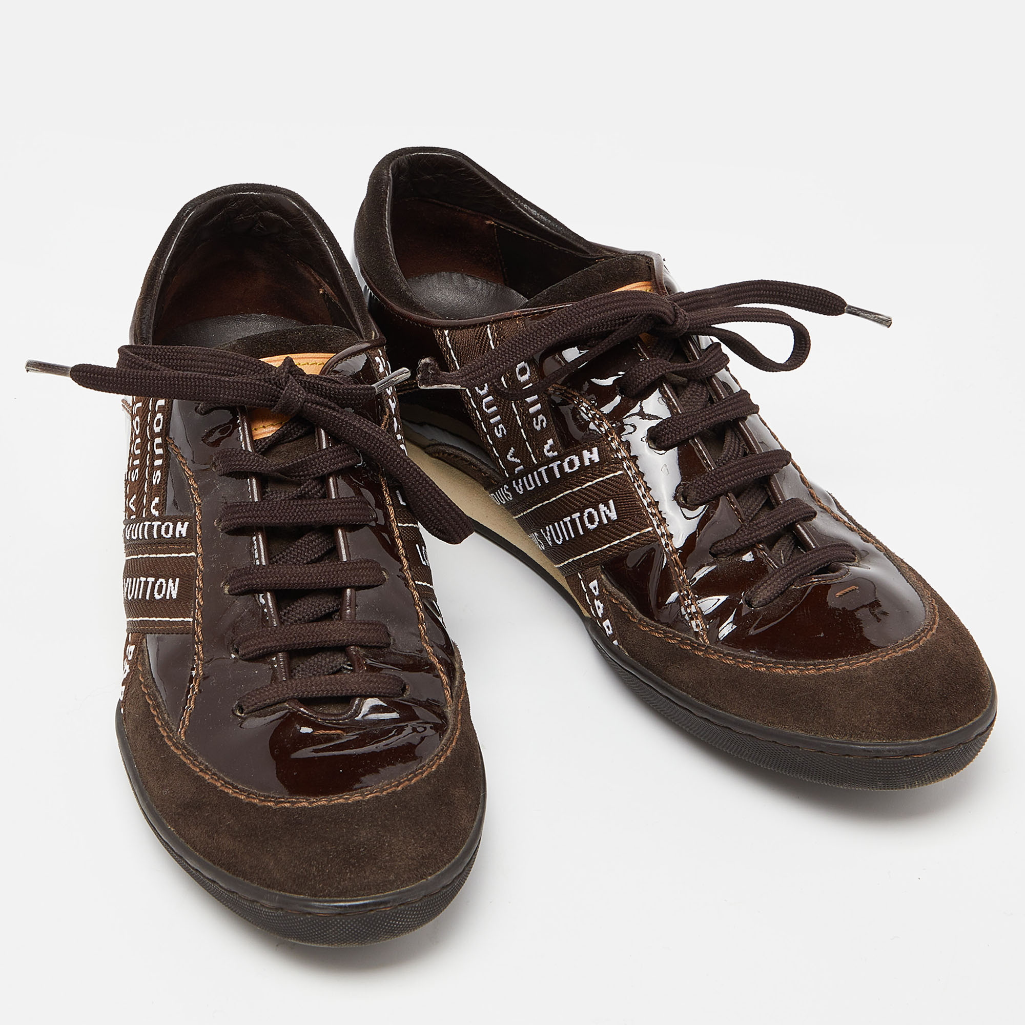 Louis Vuitton Brown Patent Leather And Suede Low Top Sneakers Size 37