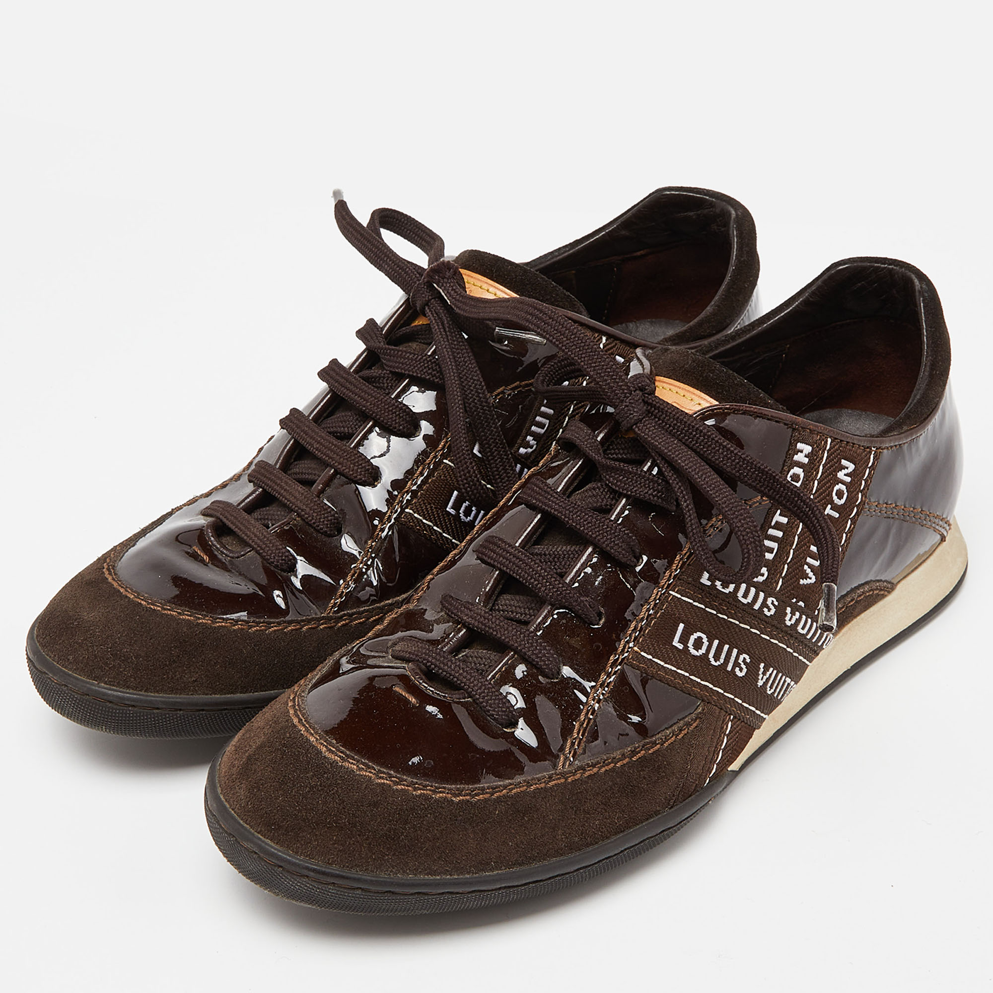 Louis Vuitton Brown Patent Leather And Suede Low Top Sneakers Size 37