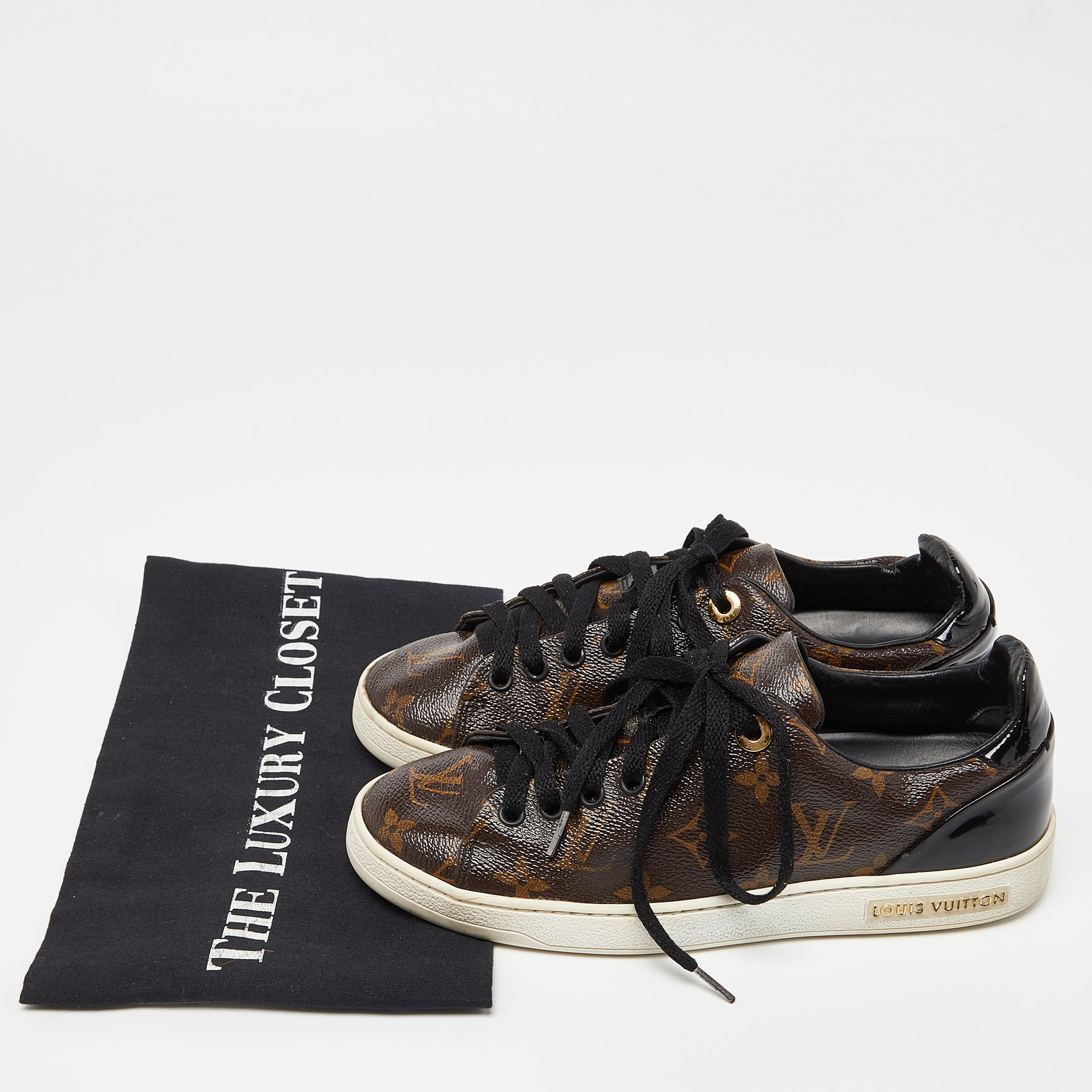 Louis Vuitton Brown/Black Monogram Canvas And Patent Leather Frontrow Sneakers Size 36