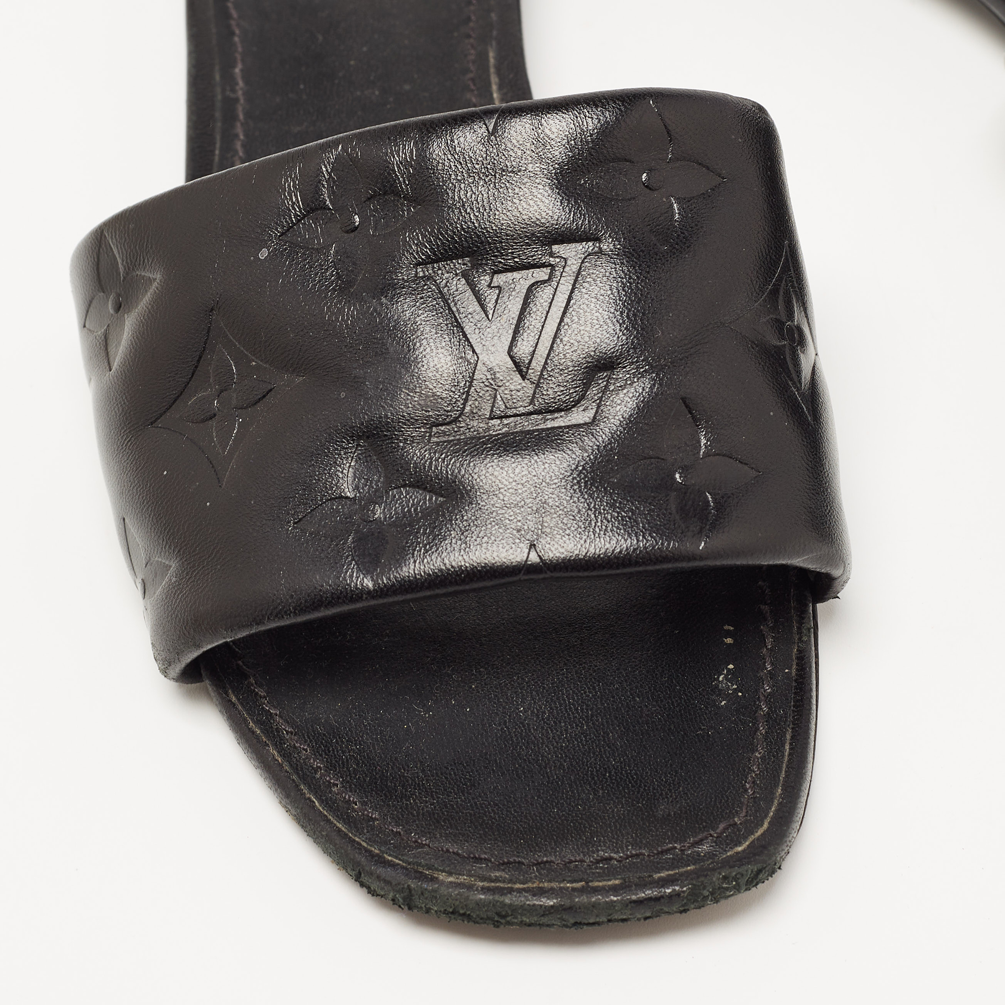 Louis Vuitton Black Monogram Embossed Leather Revival Flat Slides Size 37.5