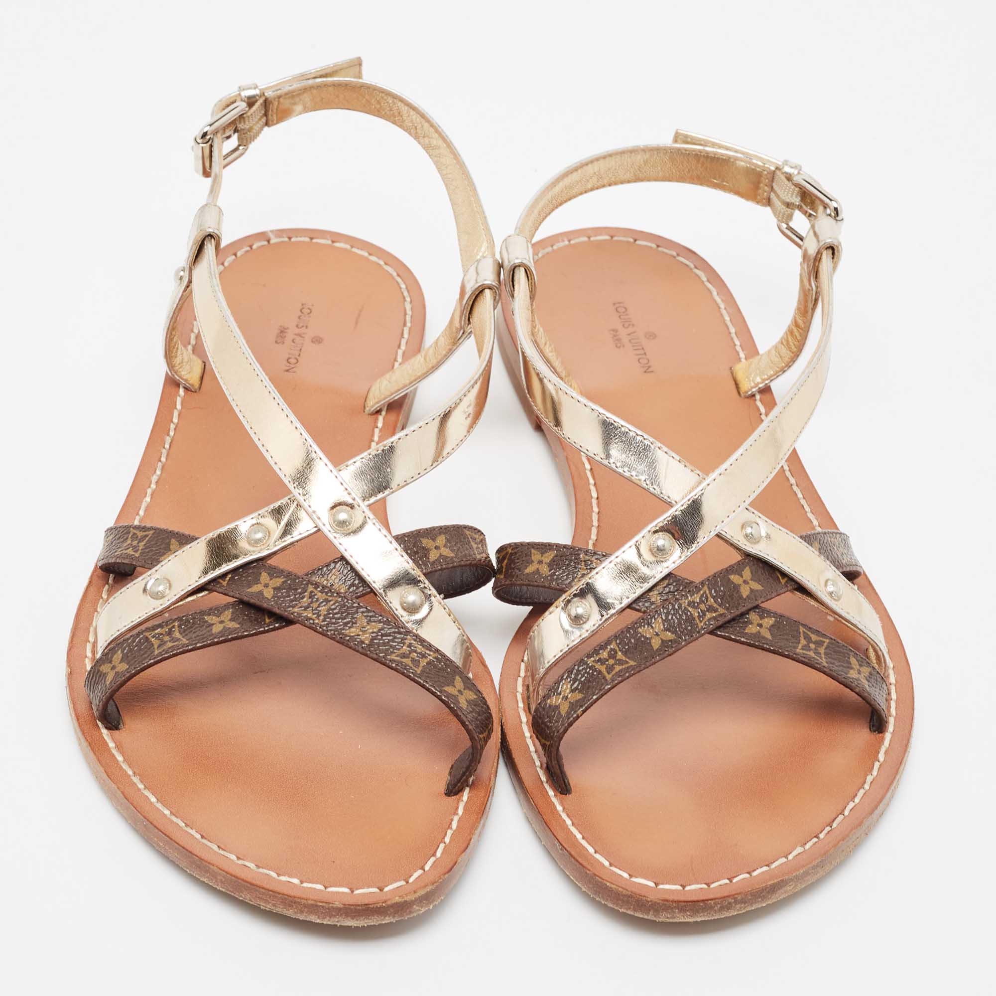Louis Vuitton Brown/Gold Foil Leather And Monogram Coated Canvas Strappy Flat Sandals Size 40