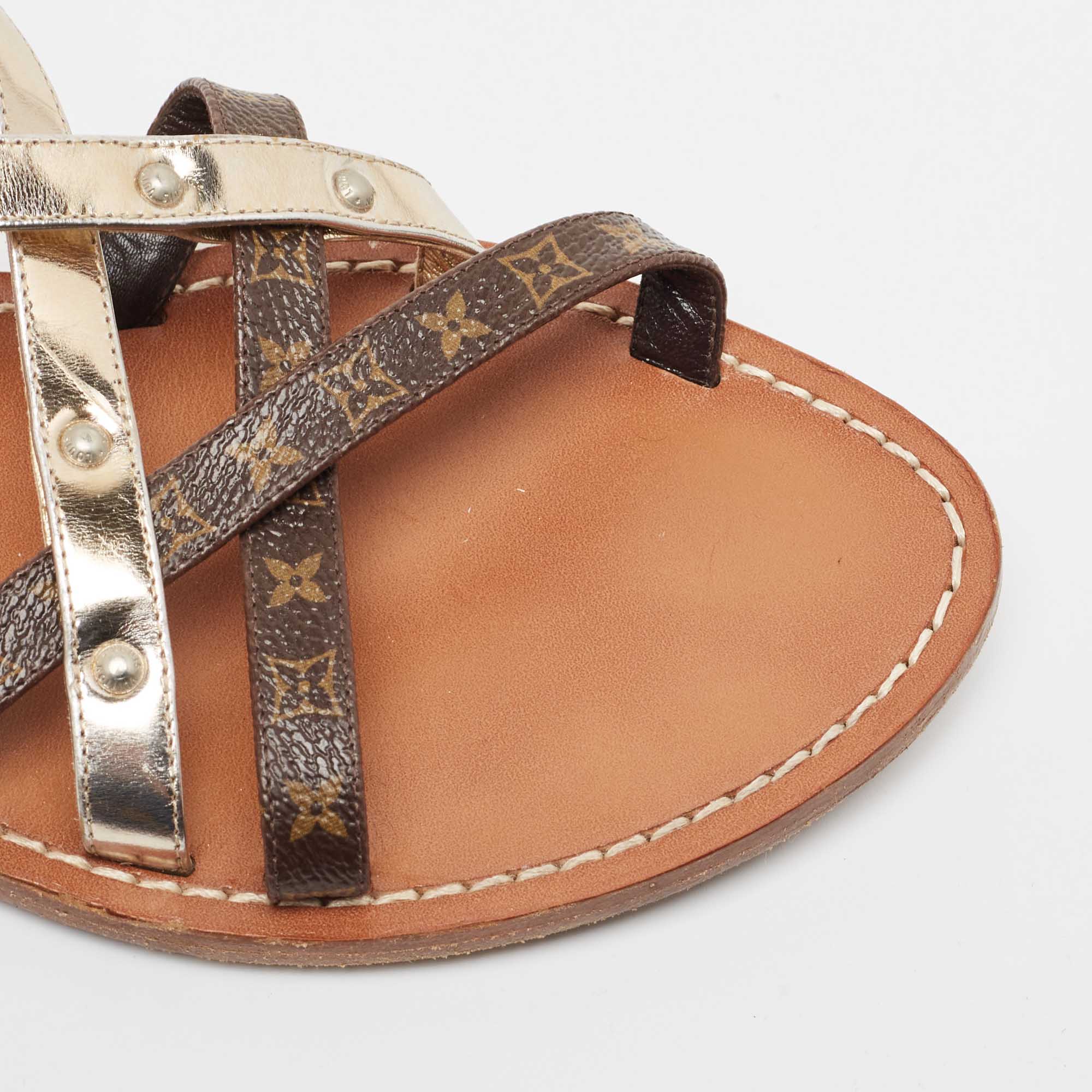 Louis Vuitton Brown/Gold Foil Leather And Monogram Coated Canvas Strappy Flat Sandals Size 40