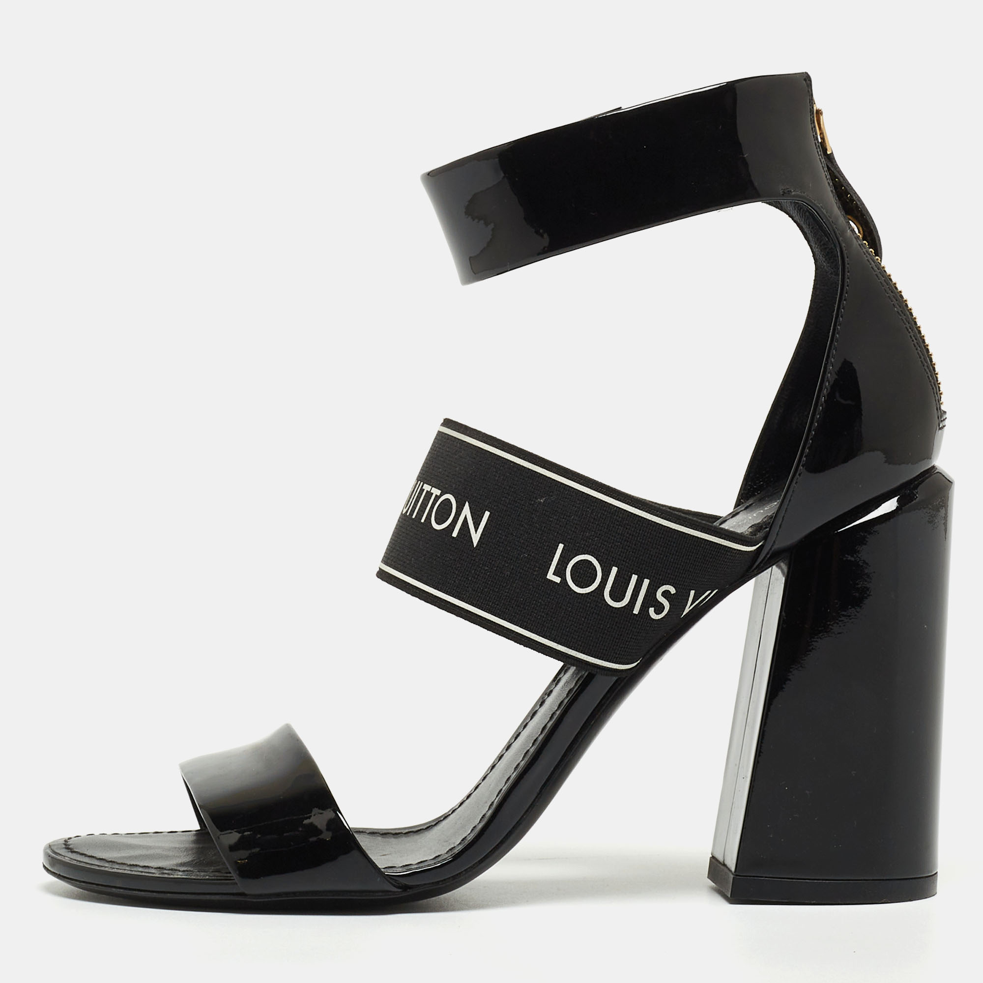 Louis Vuitton Black Patent Leather And Logo Elastic Ankle Strap Sandals Size 37.5