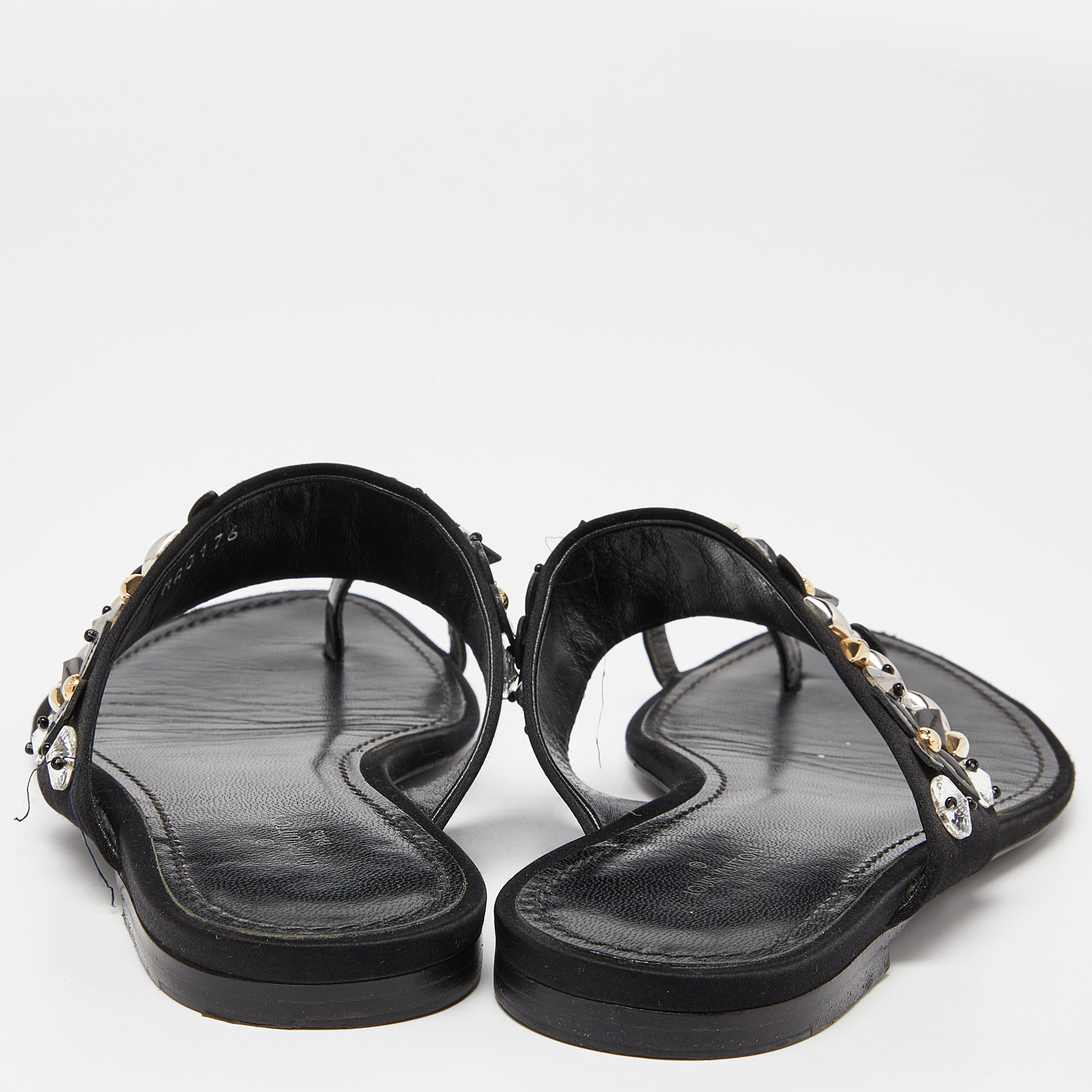 Louis Vuitton Black Satin Embellished Flat Slides Size 37.5