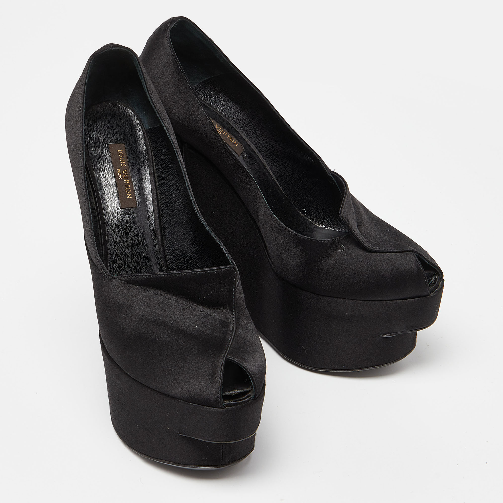 Louis Vuitton Black Satin Peep Toe Platform Wedge Pumps Size 37.5