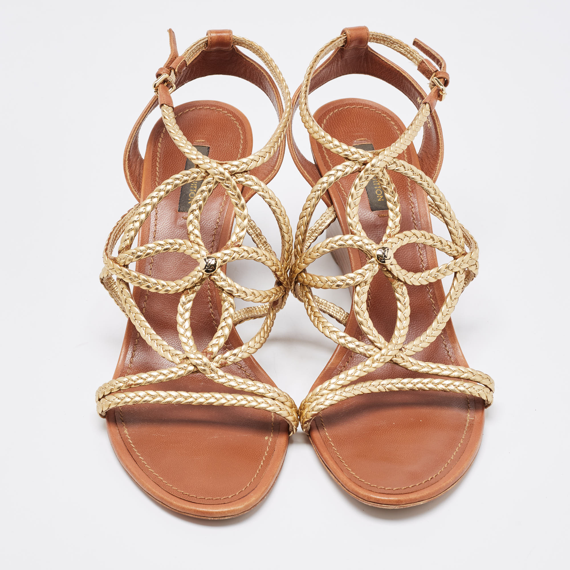 Louis Vuitton Gold/Brown Leather Wedge Sandals Size 40
