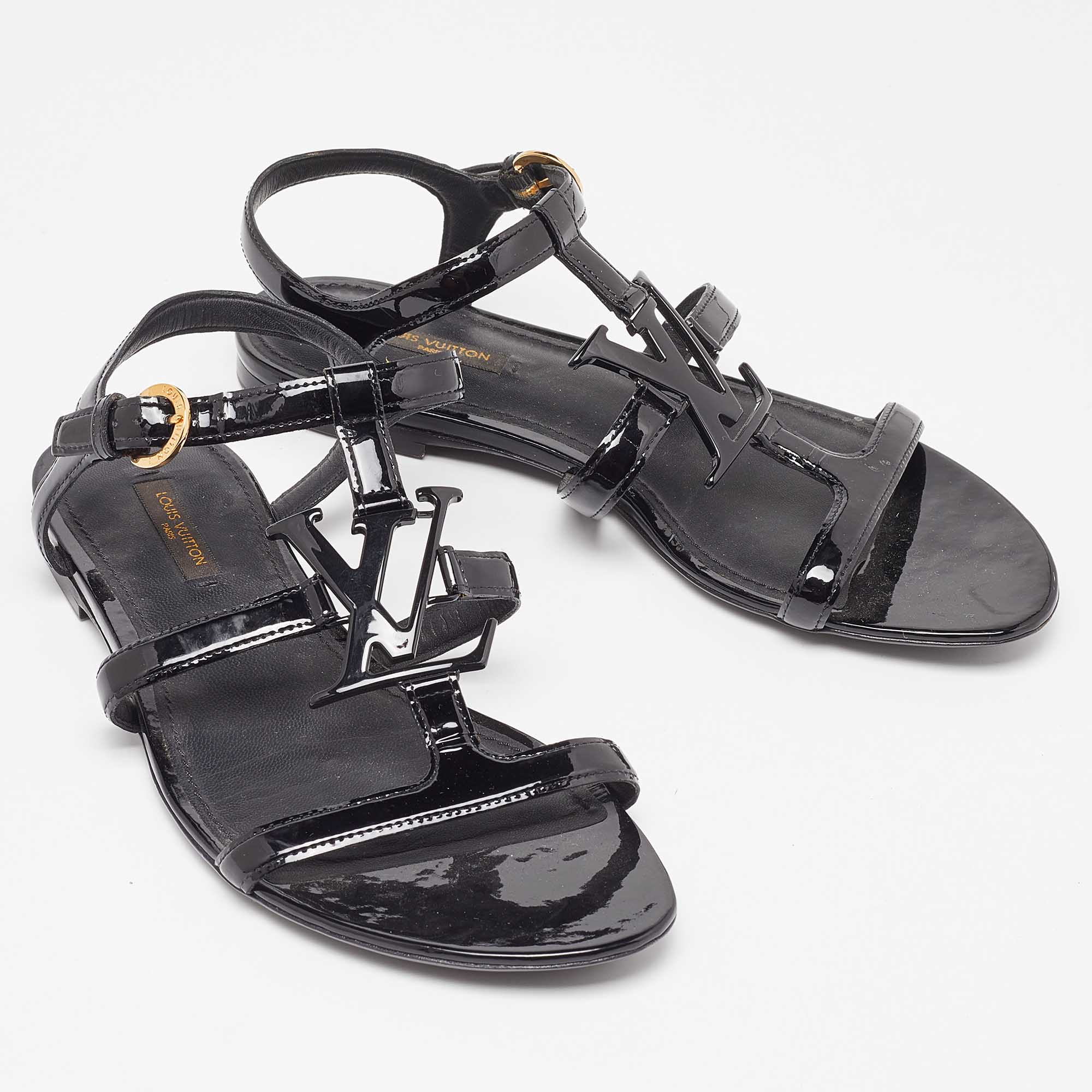 Louis Vuitton Black Patent Leather Paradiso Flat Sandals Size 38