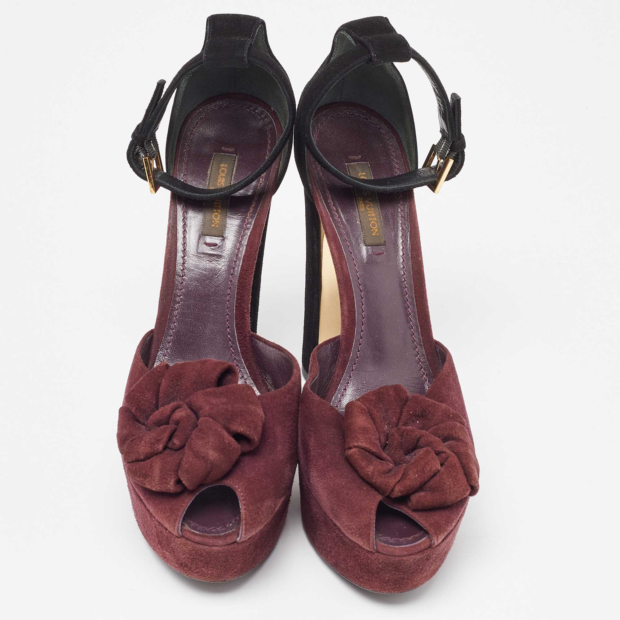 Louis Vuitton Burgundy/Black Suede Flower Peep Toe Platform Ankle Strap Sandals Size 37.5