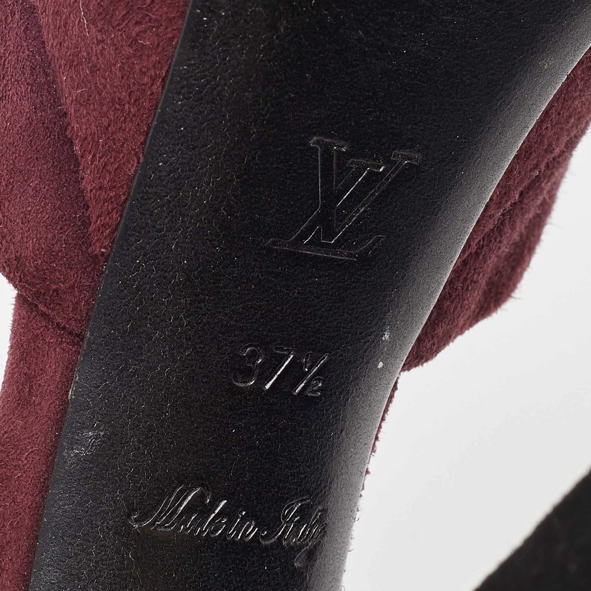 Louis Vuitton Burgundy/Black Suede Flower Peep Toe Platform Ankle Strap Sandals Size 37.5