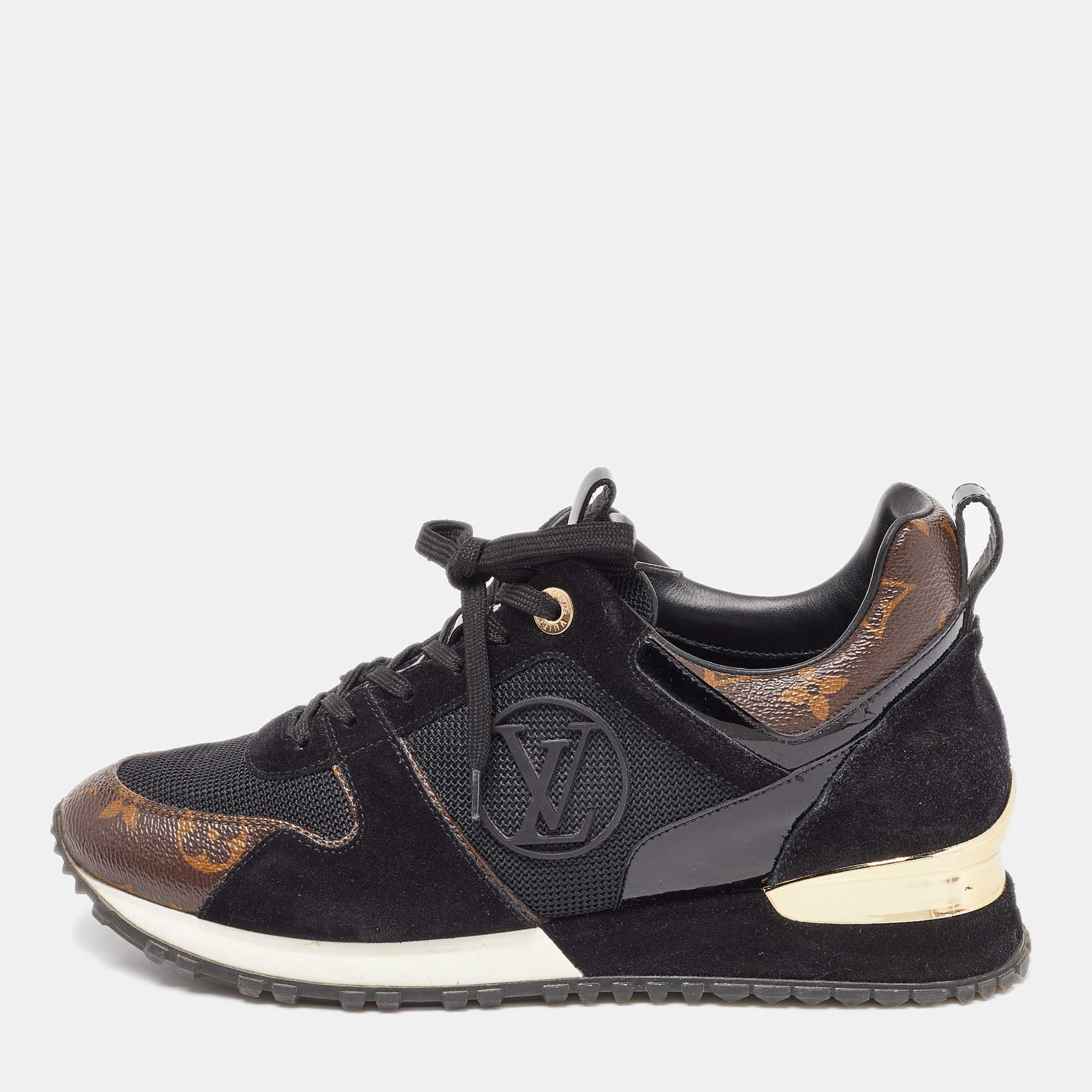 Louis Vuitton Black/Brown Monogram Canvas, Suede And Mesh Run Away Low Top Sneakers Size 37.5