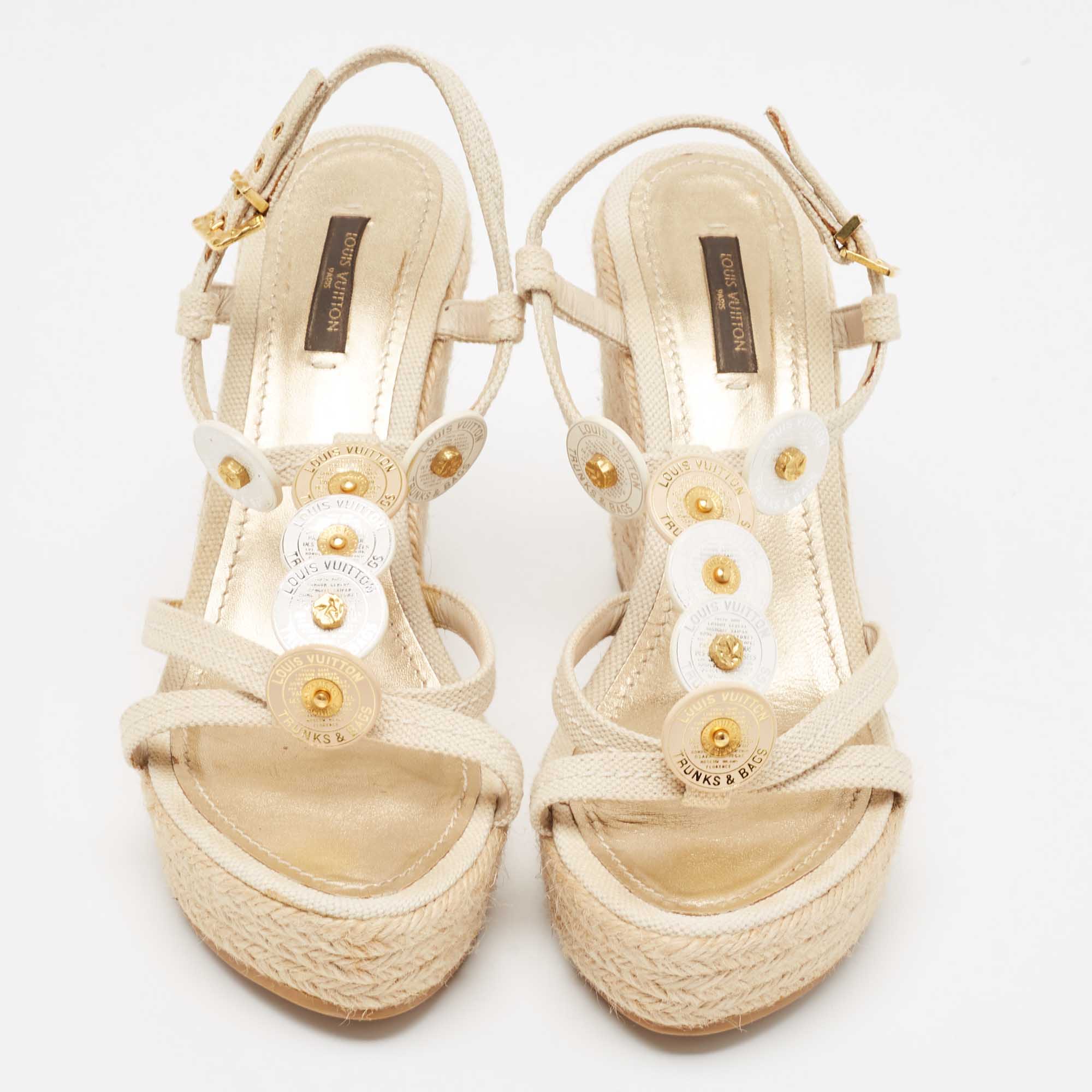 Louis Vuitton Cream Canvas Wedge Espadrilles Sandals Size 37