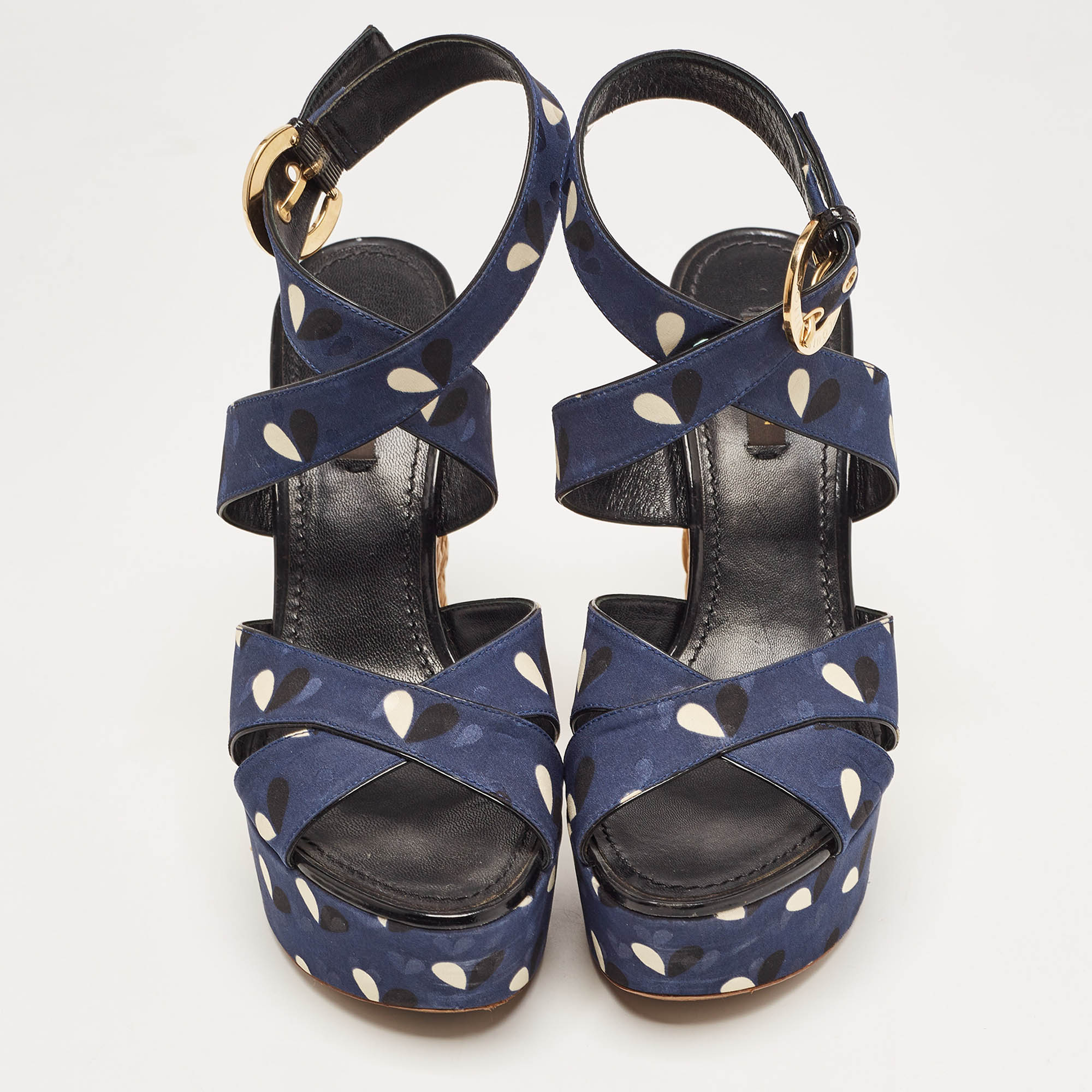 Louis Vuitton Navy Blue Printed Fabric Espadrille Wedge Ankle Wrap Sandals Size 38