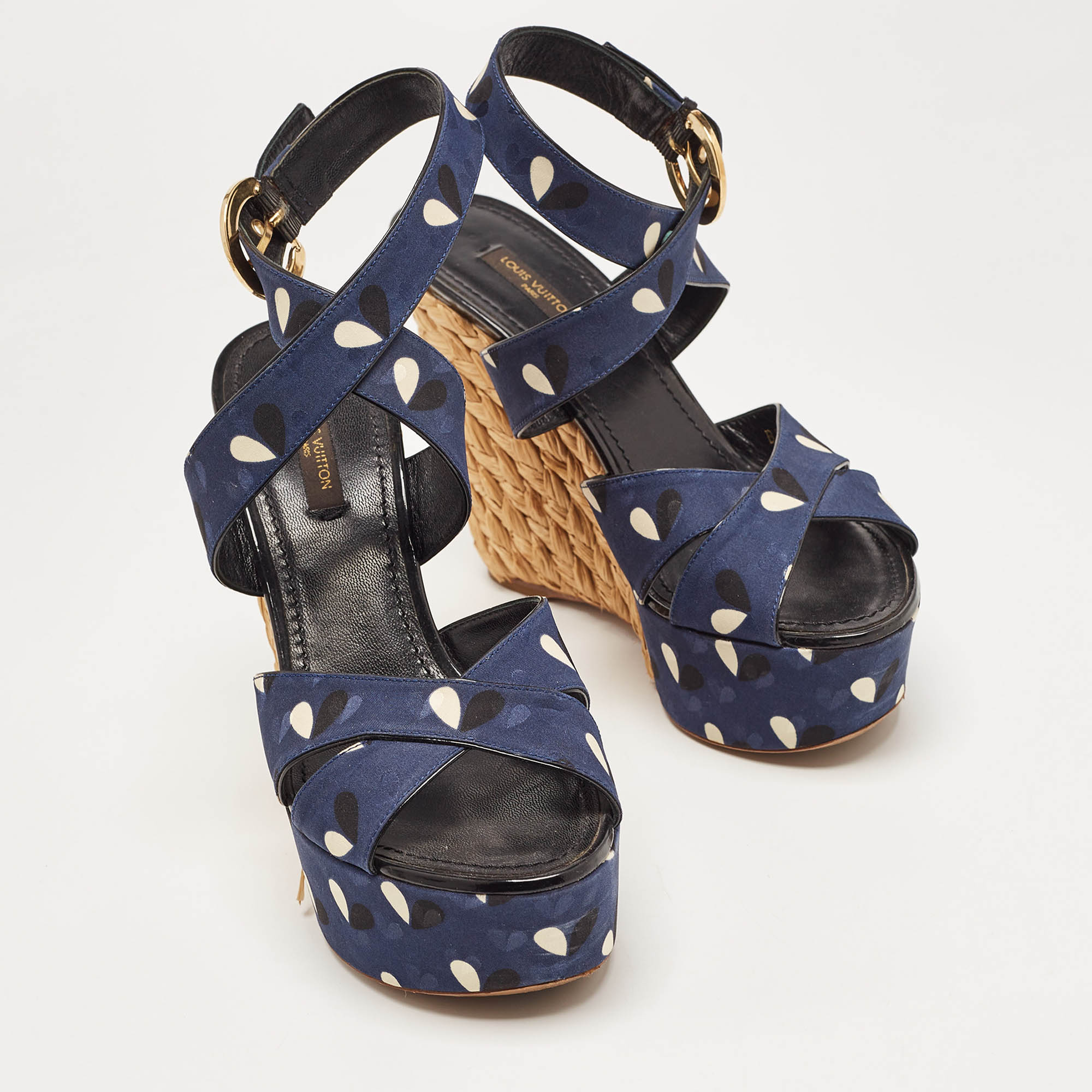 Louis Vuitton Navy Blue Printed Fabric Espadrille Wedge Ankle Wrap Sandals Size 38