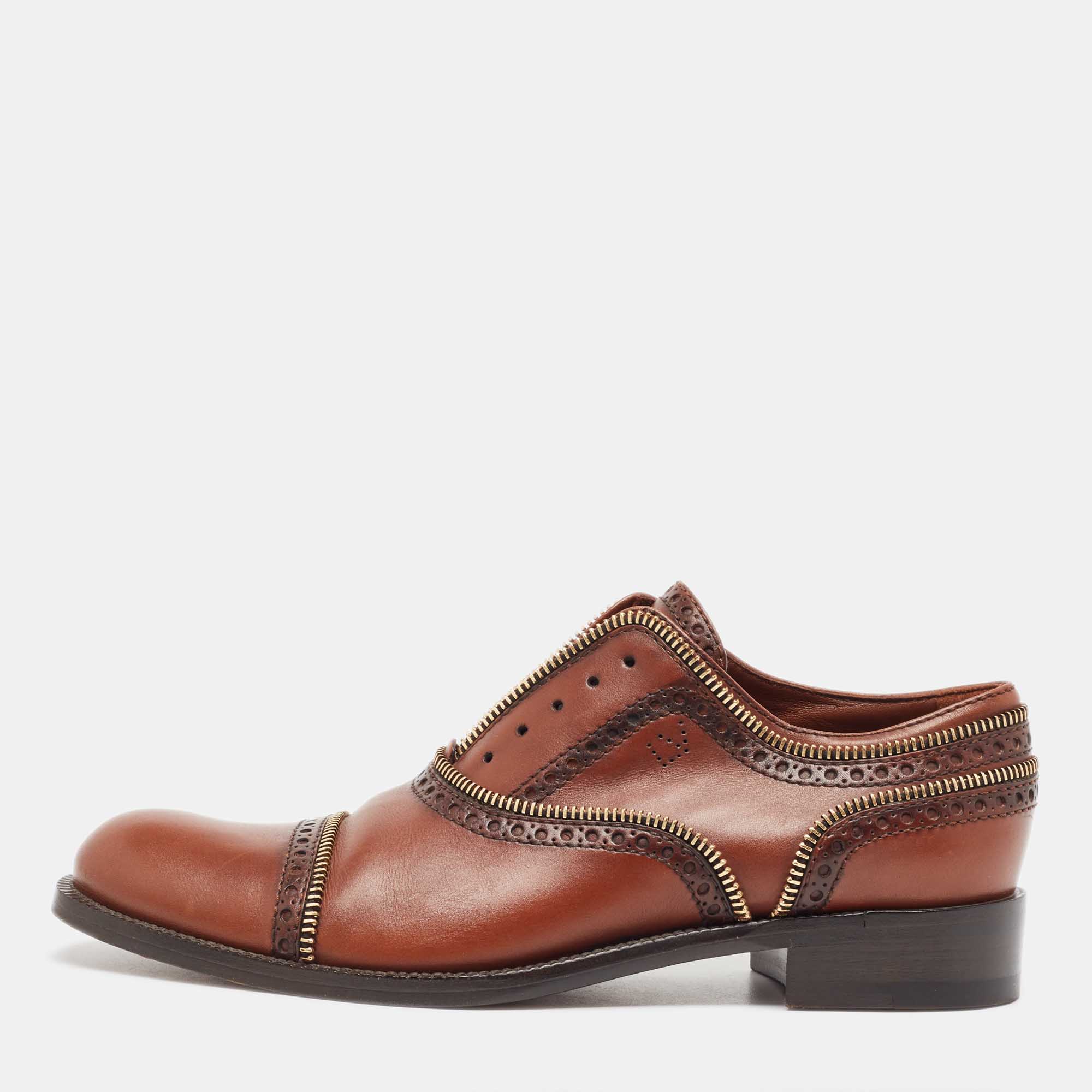 Louis vuitton brown brogue leather zip trim slip on oxfords size 38.5