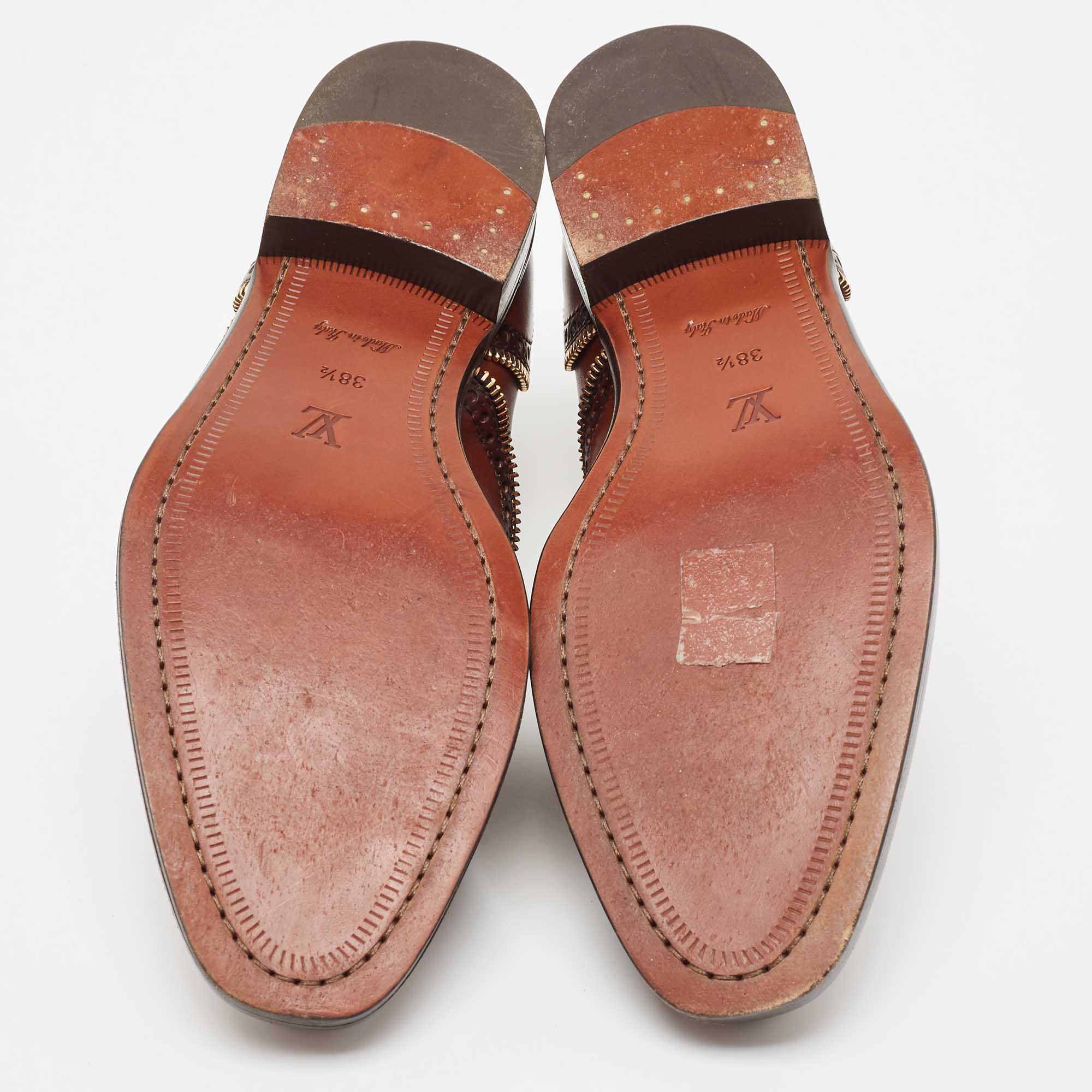 Louis Vuitton Brown Brogue Leather Zip Trim Slip On Oxfords Size 38.5
