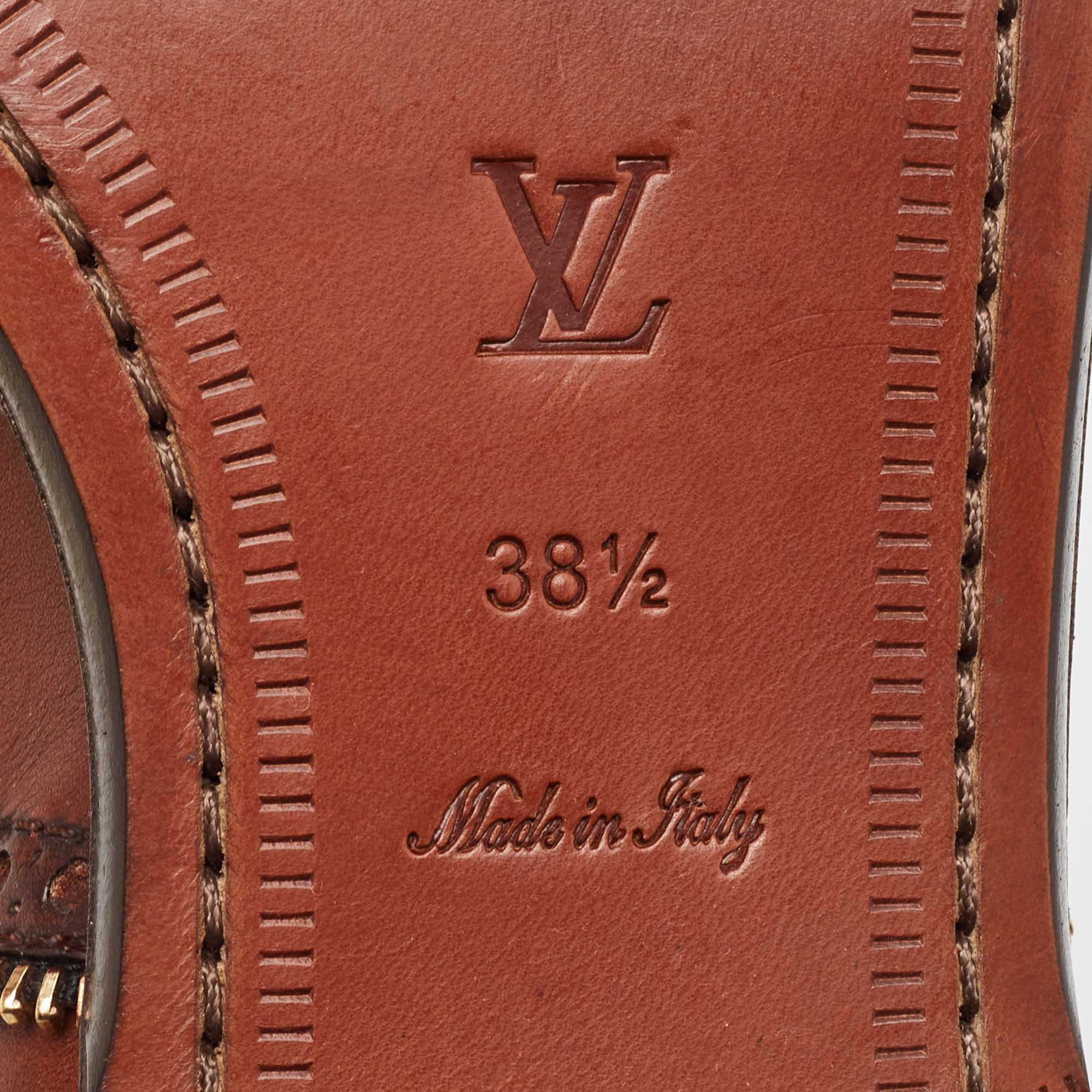Louis Vuitton Brown Brogue Leather Zip Trim Slip On Oxfords Size 38.5