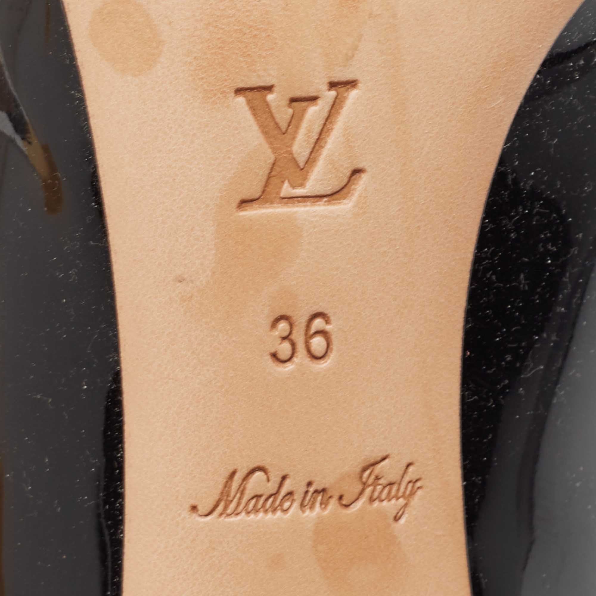 Louis Vuitton Black Patent Leather Gold Plate Block Heel Pumps Size 36
