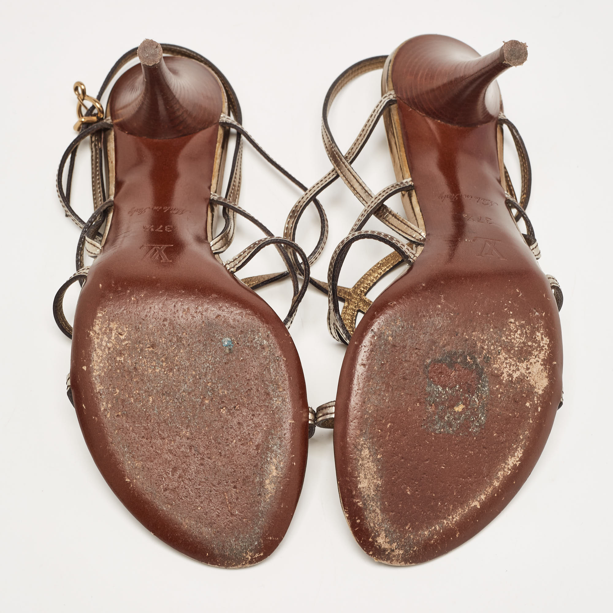 Louis Vuitton Metallic Leather Strappy Sandals Size 37.5