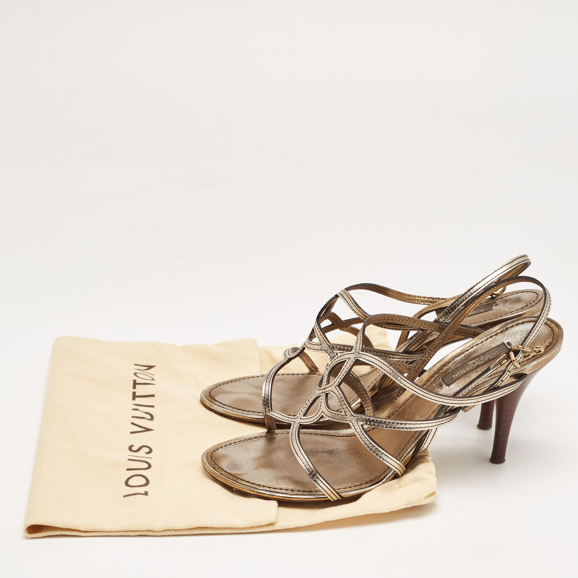 Louis Vuitton Metallic Leather Strappy Sandals Size 37.5