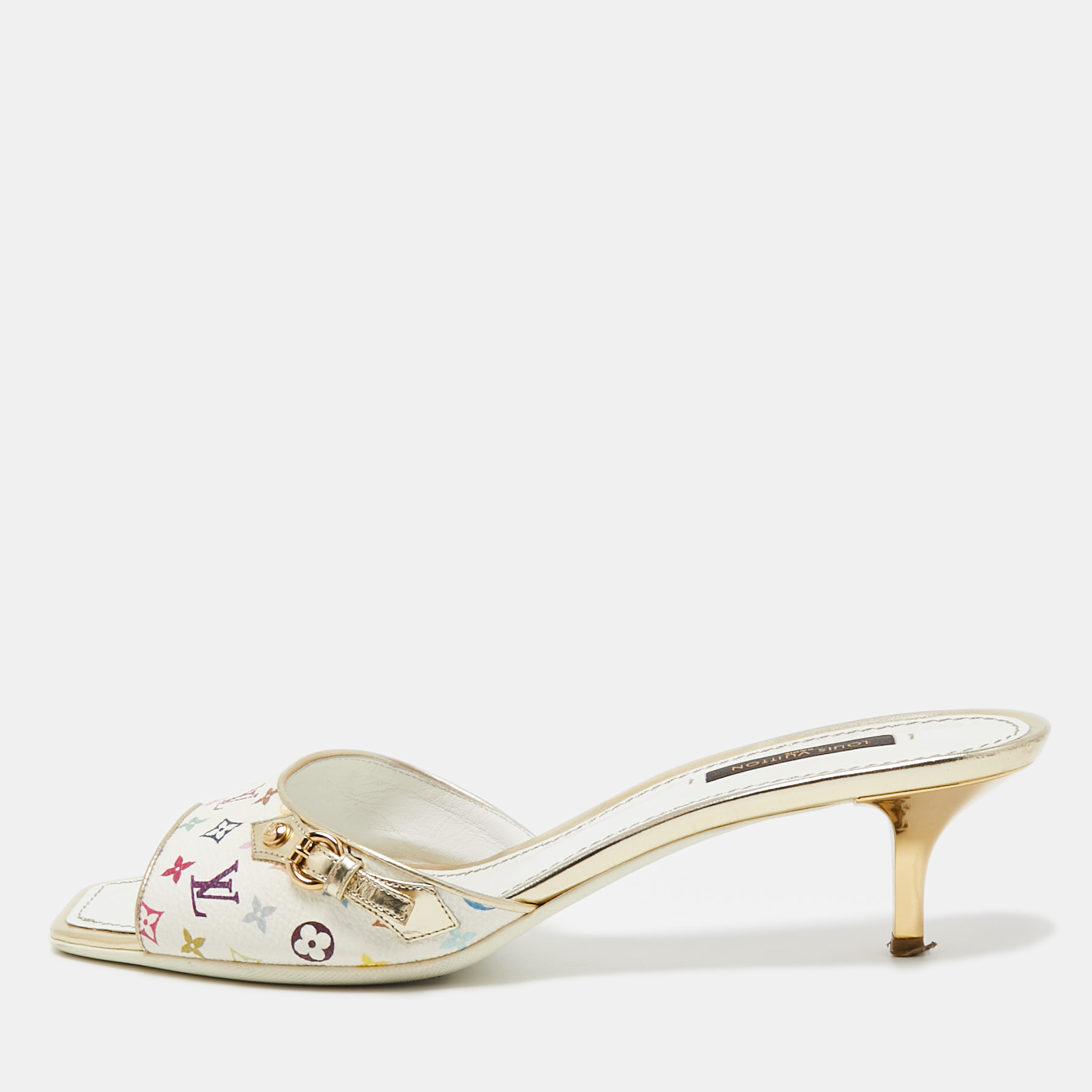 Louis Vuitton White Leather And Monogram Canvas Slide Sandals Size 37.5