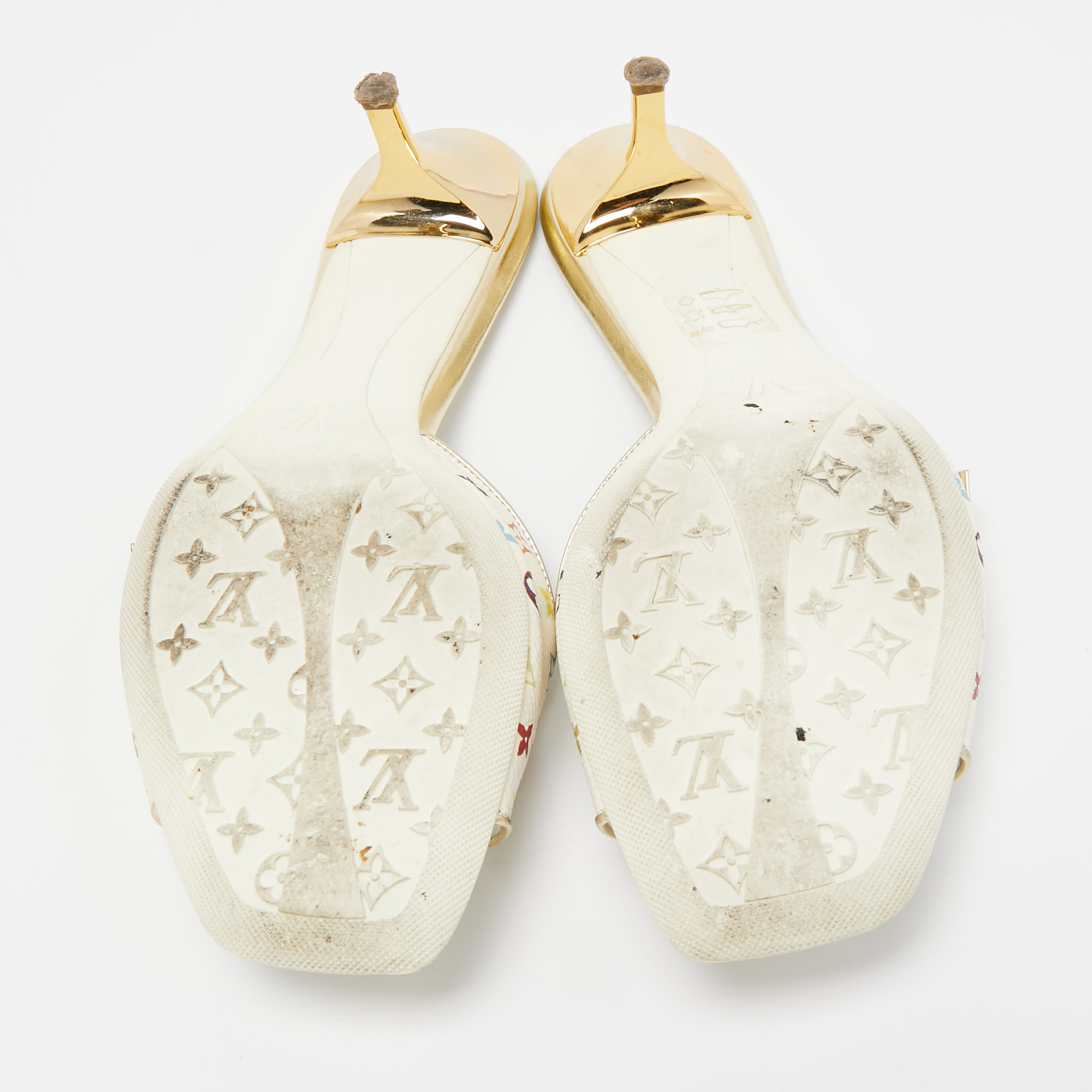 Louis Vuitton White Leather And Monogram Canvas Slide Sandals Size 37.5