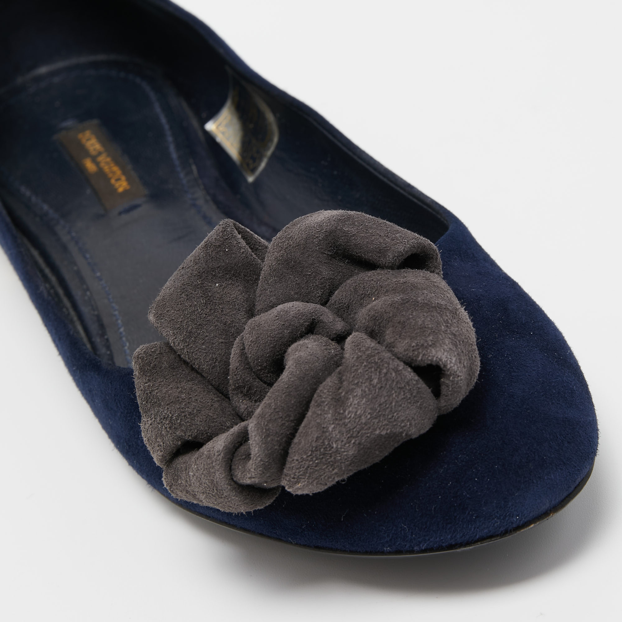 Louis Vuitton Navy Blue Suede Flower Embellished Ballet Flats Size 36.5