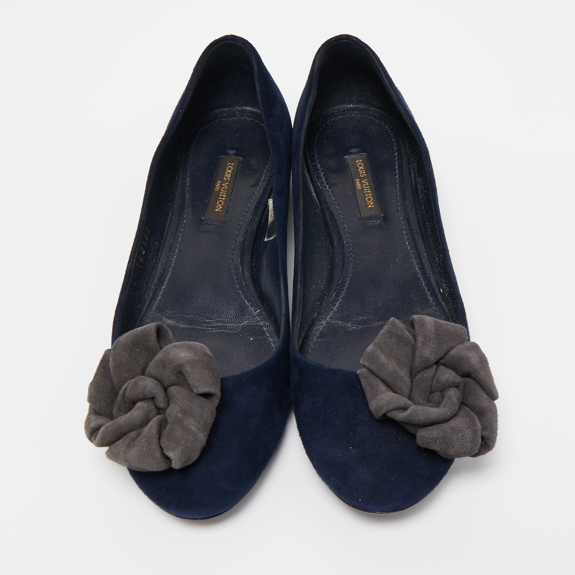 Louis Vuitton Navy Blue Suede Flower Embellished Ballet Flats Size 36.5