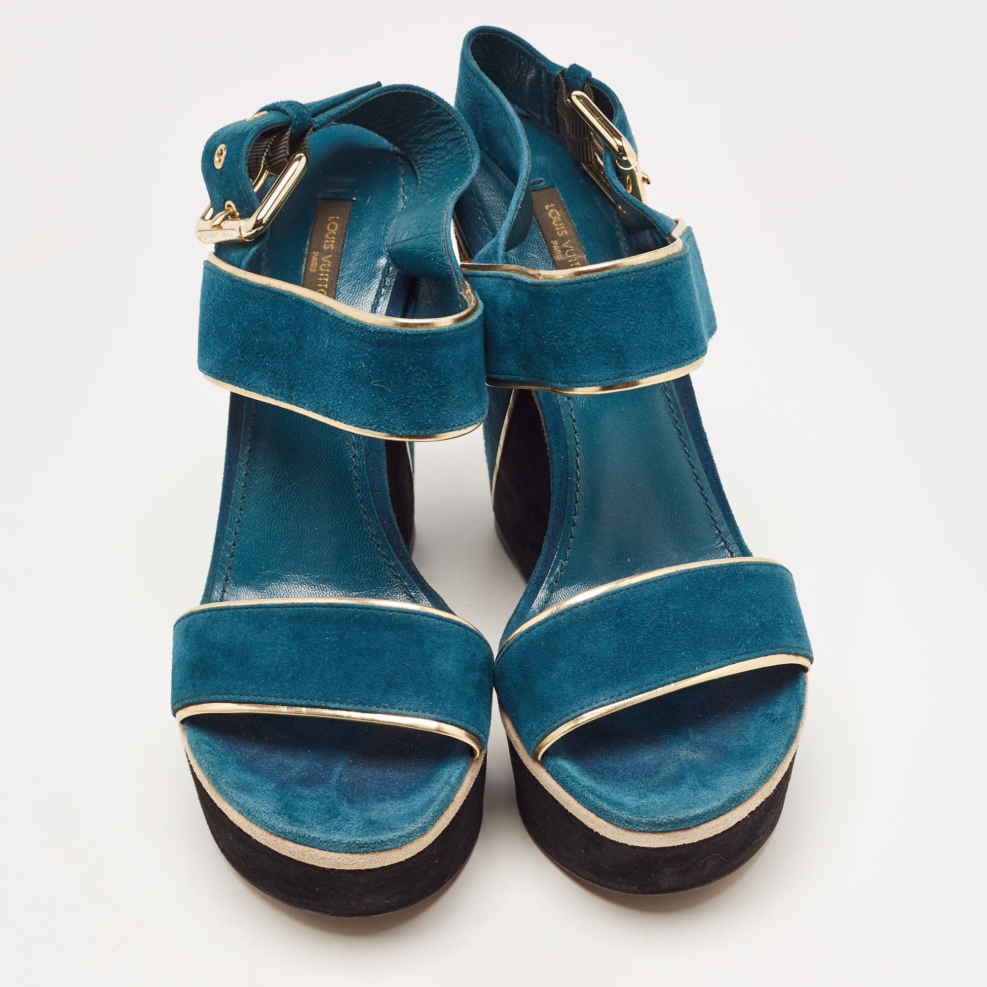 Louis Vuitton Gold/Blue Suede Wedge Platform Slingback Sandals Size 40